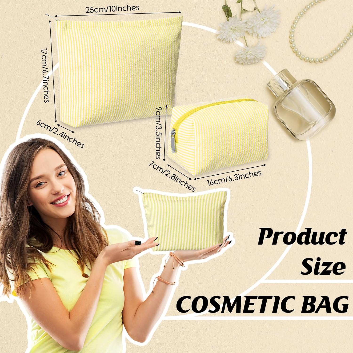 Huhumy 2 Pcs Makeup Bag Set Cute Cosmetic Pouch for Women Seersucker Travel Toiletry Bag Preppy Small Makeup Purse Pouch Aesthetic Skincare Brushes Storage Organizer for Valentine Women(Yellow)