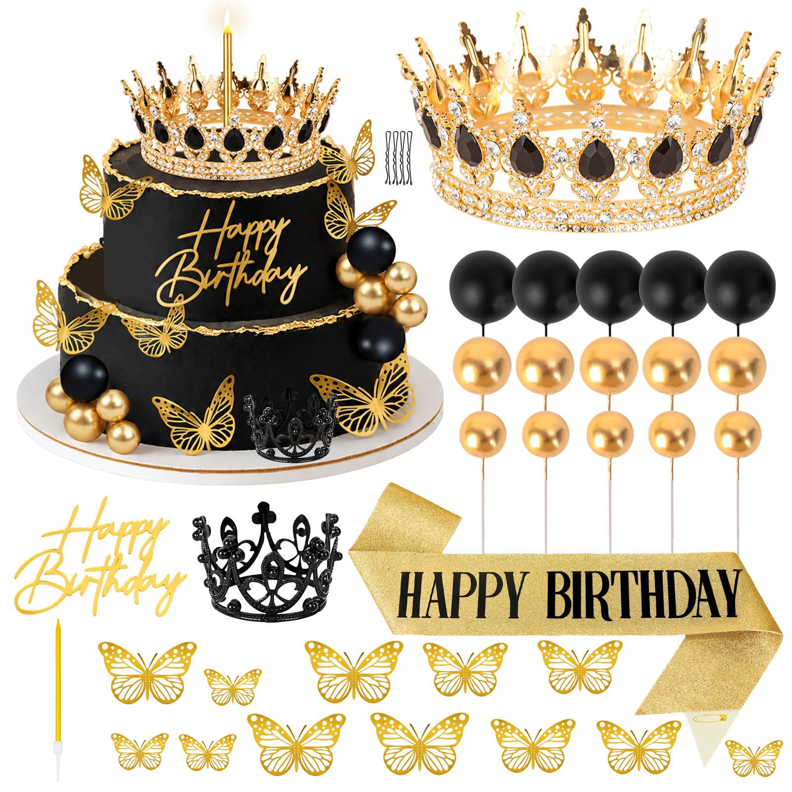 32Pcs Black Crown Cake Topper Butterfly Birthday Cake Decorations with Gold Happy Birthday Cake Topper for Princess Women Queen Party Wedding Decor with Candles and ribbons (Black)