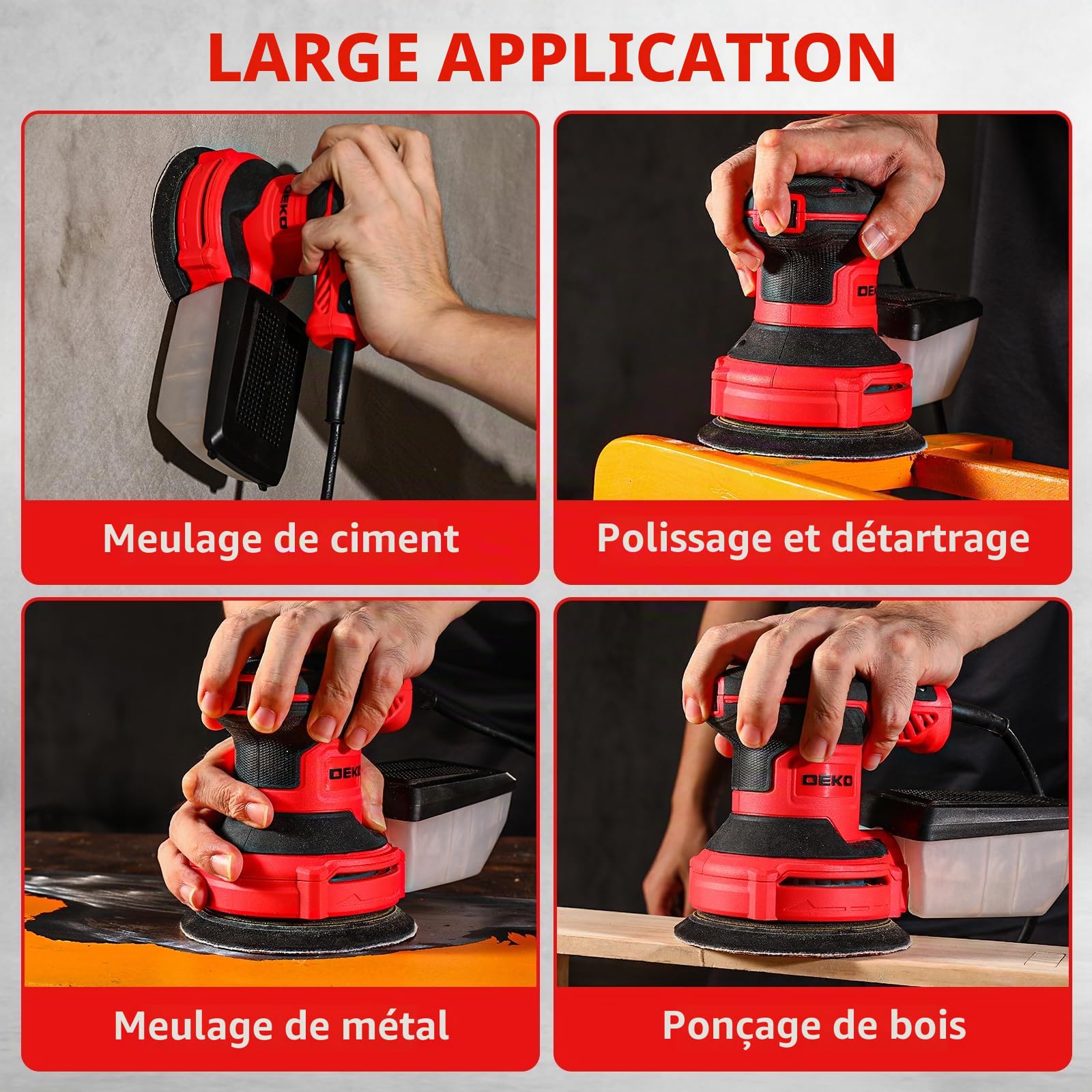 DEKOPRO Ponceuse Excentrique 300W - Ponceuse Electrique 125mm, 6 Vitesses, 14000RPM, Papier Abrasif 16 Pièces, Collecteur de Poussière, Trois Pinceau Plats, pour Surfaces en Bois et Acier, Rouge