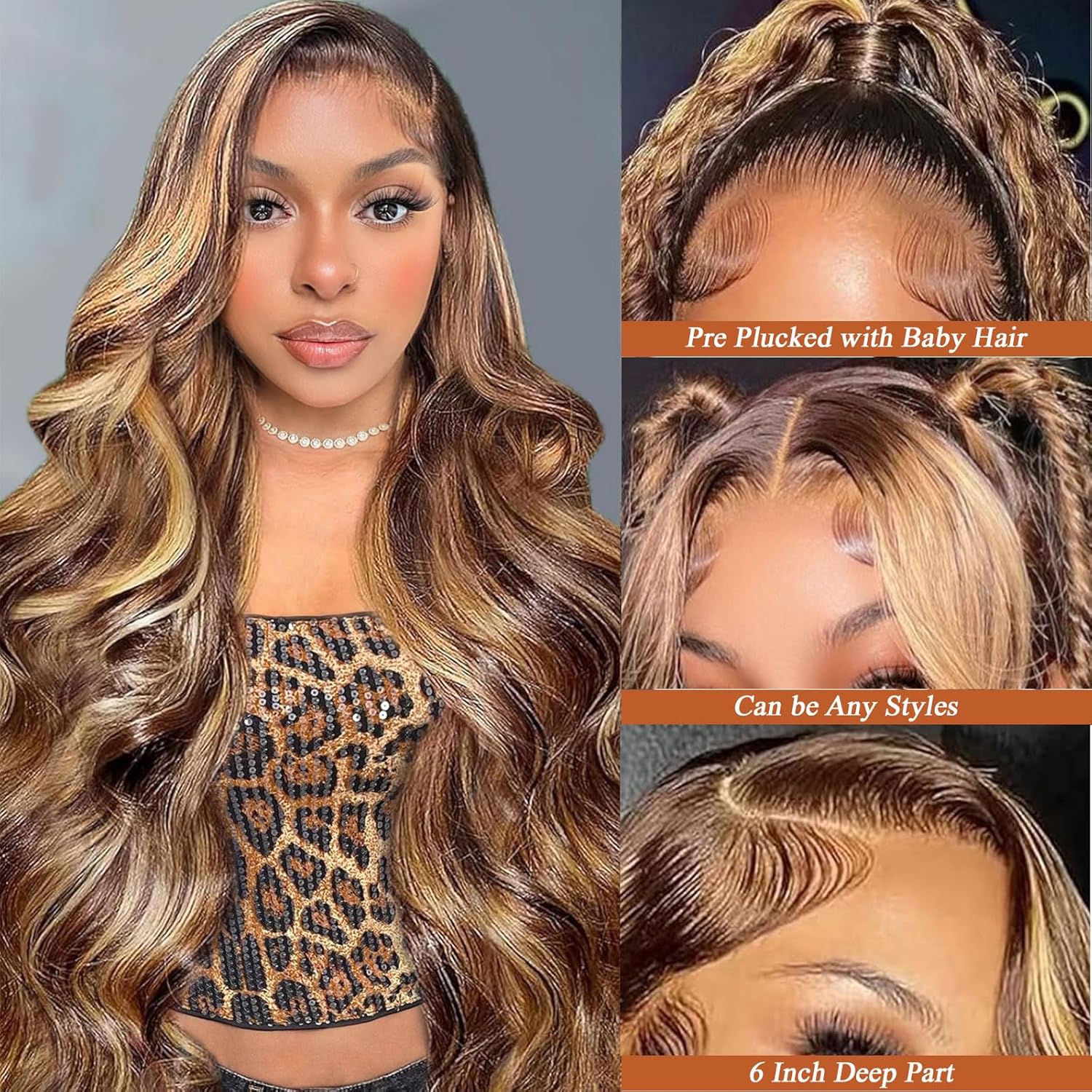 30 Inch Honey Blonde Wig Human Hair Ombre Highlight 13x6 HD Lace Front Wigs Human Hair Pre Plucked 200 Density Body Wave HD Lace Frontal Wig 13x6 4/27 Lace Frontal Glueless Wigs for Women - Image 2
