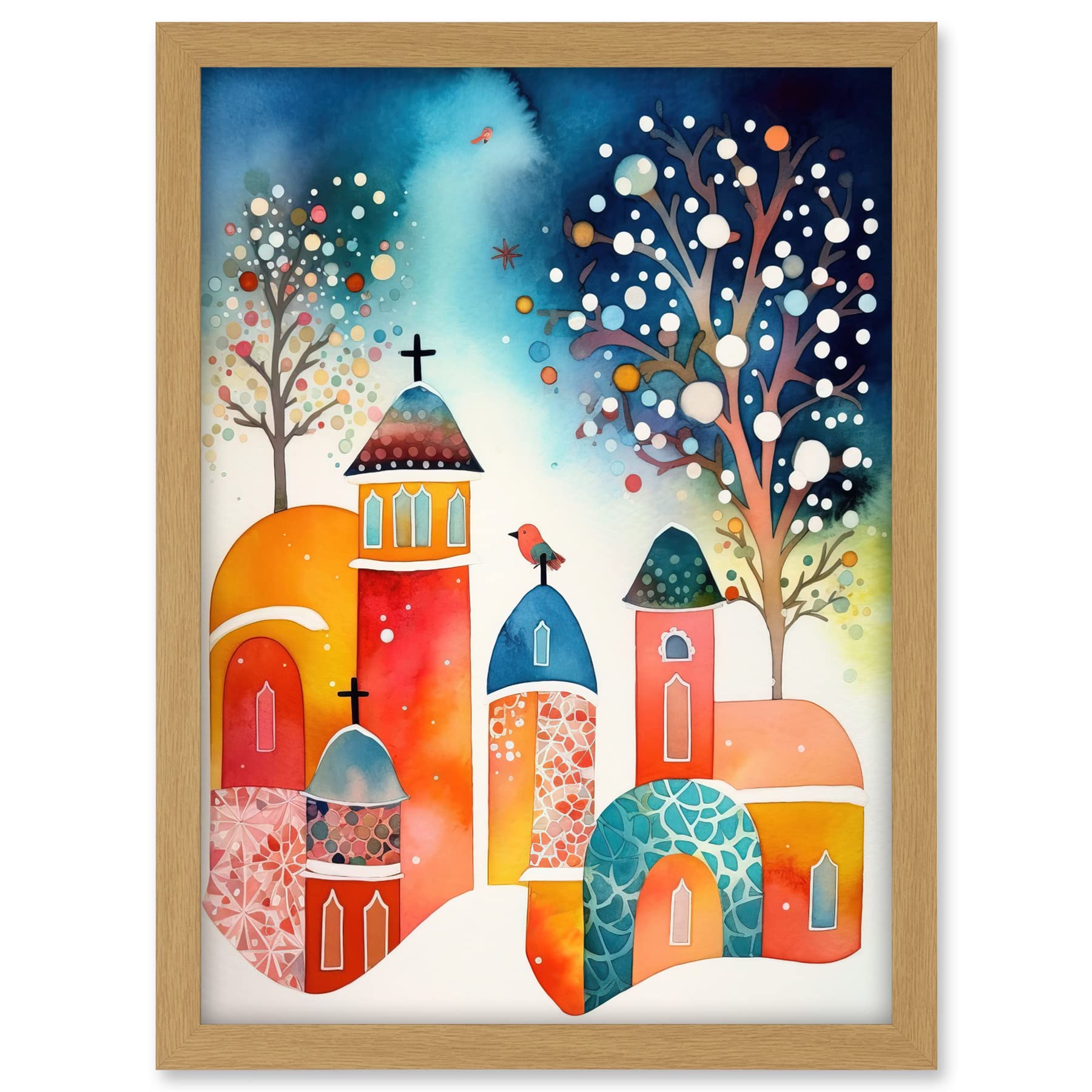 Artery8 Winter Churchyard Snowfall Trees Folk Art Artwork Framed A3 Wall Art Print