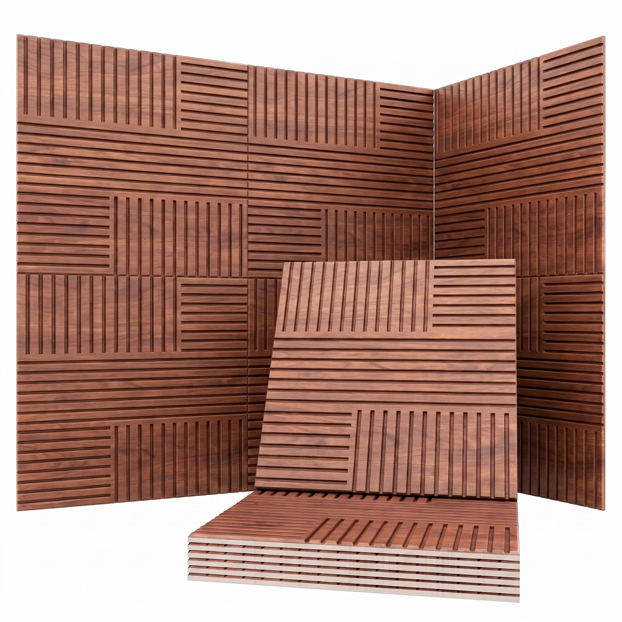 CAHAYA Pannelli acustici da parete effetto rovere, 6 pezzi, autoadesivi | Fibra di poliestere con scanalature a V 3D; decorazione effetto noce peel & stick per soggiorno, camera, studio e podcast