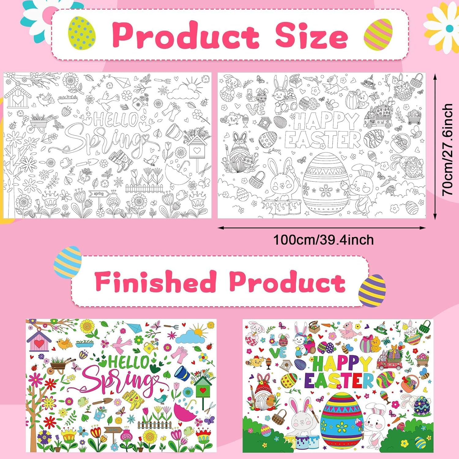 AUGSUN 2 Pcs Giant Easter Coloring Poster, Large Spring Coloring Tablecloth Jumbo Hello Spring Color-in Banner Easter Color-in Books Crafts for Kids School Family Party Game Activities Decor Supplies