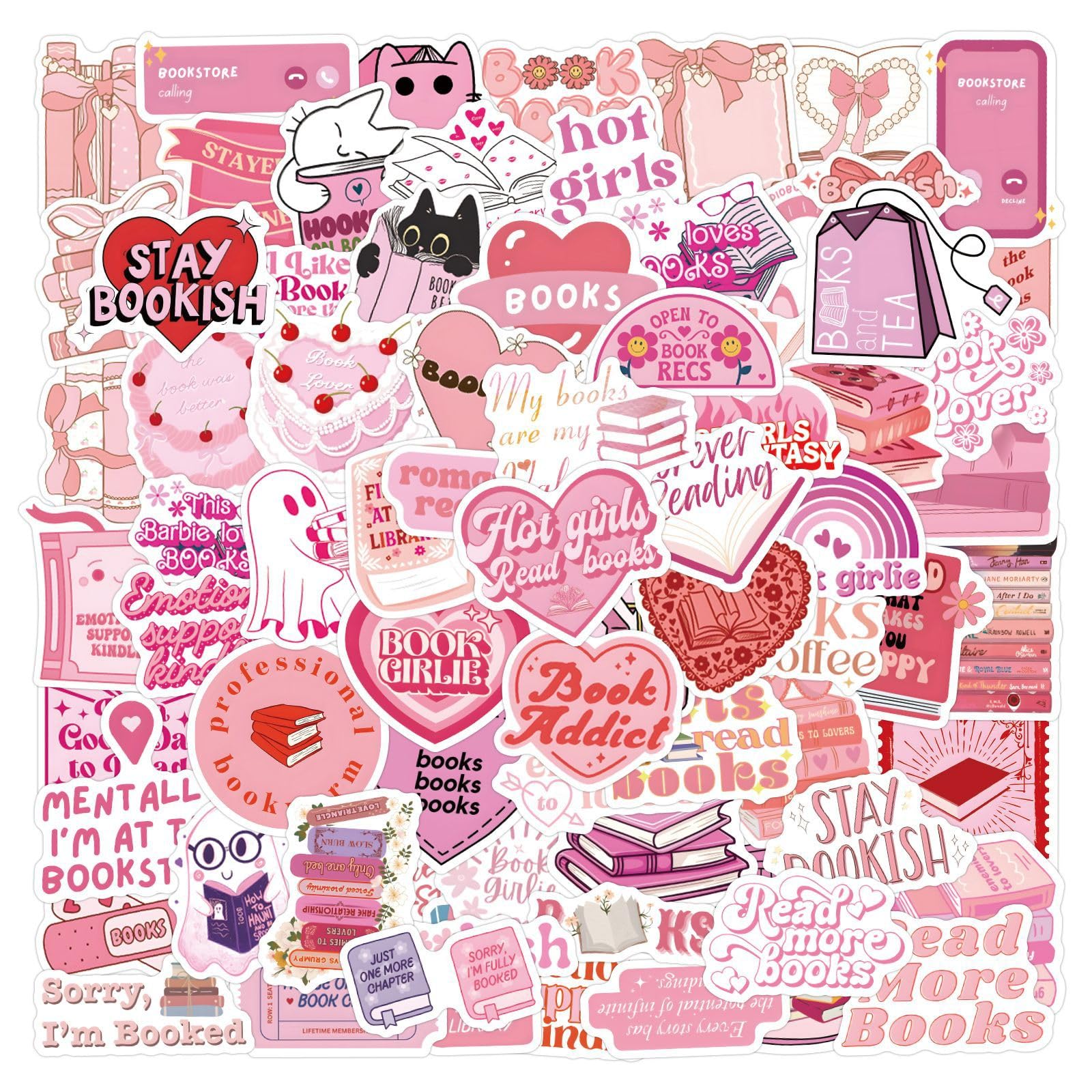100 Pink Bookish Stickers Pack for Laptop Luggage Scrapbooking Skateboard Guitar Water Bottle, Gift for Teens Kids Girls