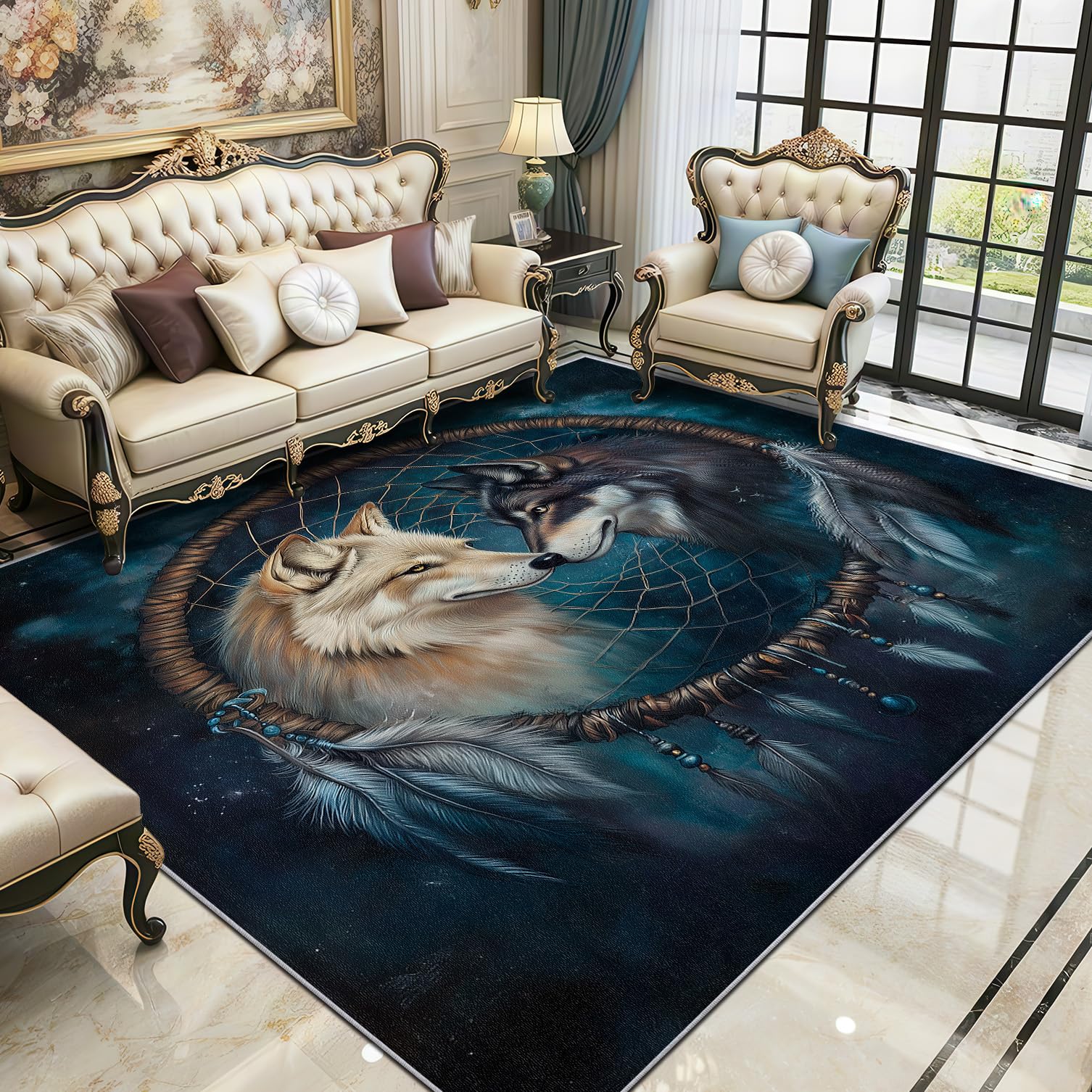 Wolf Teppich Waschbar, Indianische Wölfe Teppich 80x150 cm, Tiere rutschfest Waschbar Pflegeleicht Teppiche Für Schlafzimmer Küche, Dunkelblau
