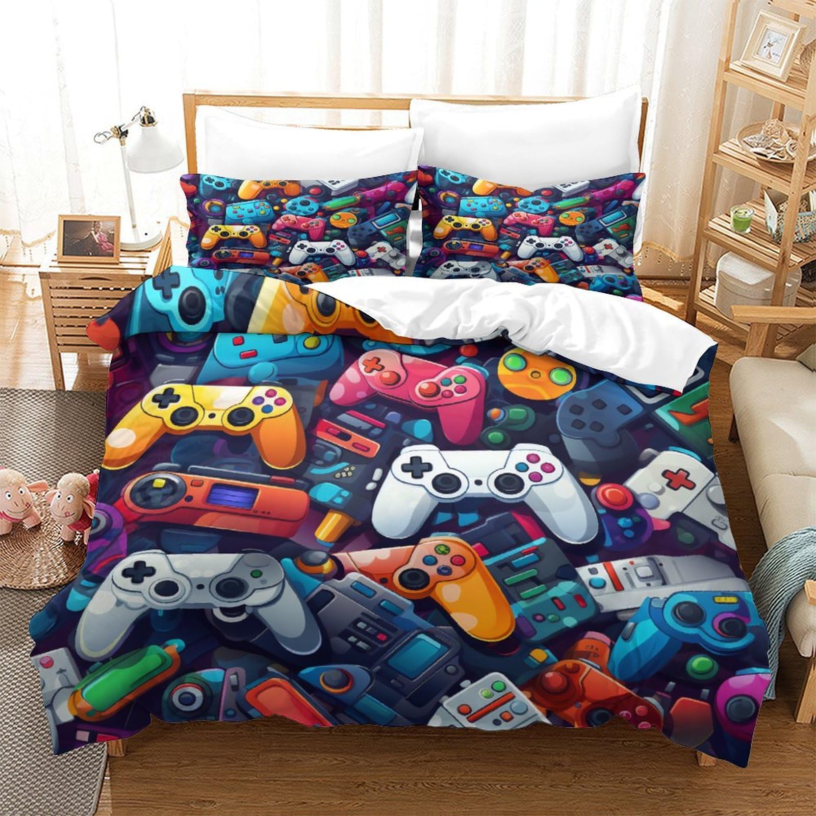 Parure de lit gamer manette de jeu vidéo 3D housse couette 260x220 et taie d'oreiller microfibre