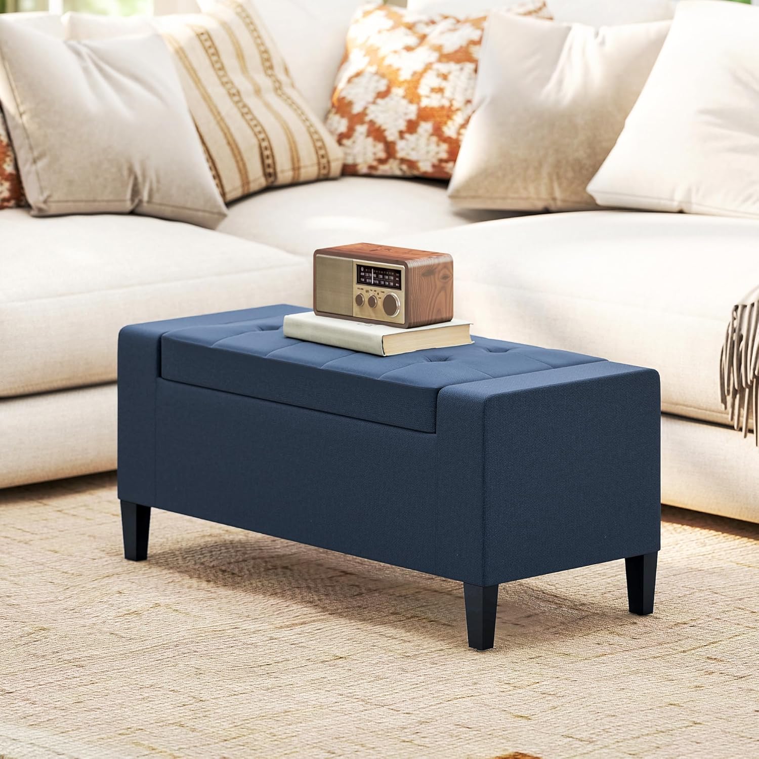 HOMCOM 36" Ottoman with Storage, Storage Ottoman Bench with Lift Top and Rubberwood Legs, Linen Upholstered Entryway Bench with Seating for Living Room, Bedroom, Holds up to 330 lb, Dark Blue