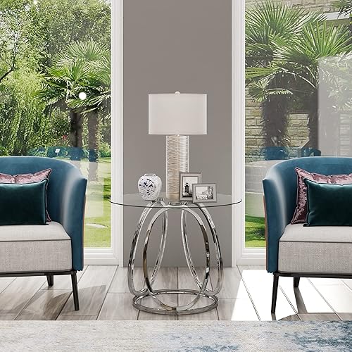 Miniatura 6 de O&K FURNITURE Mesa auxiliar plateada para sala de estar, mesa auxiliar de vidrio para dormitorio, moderna mesita de noche redonda de vidrio con