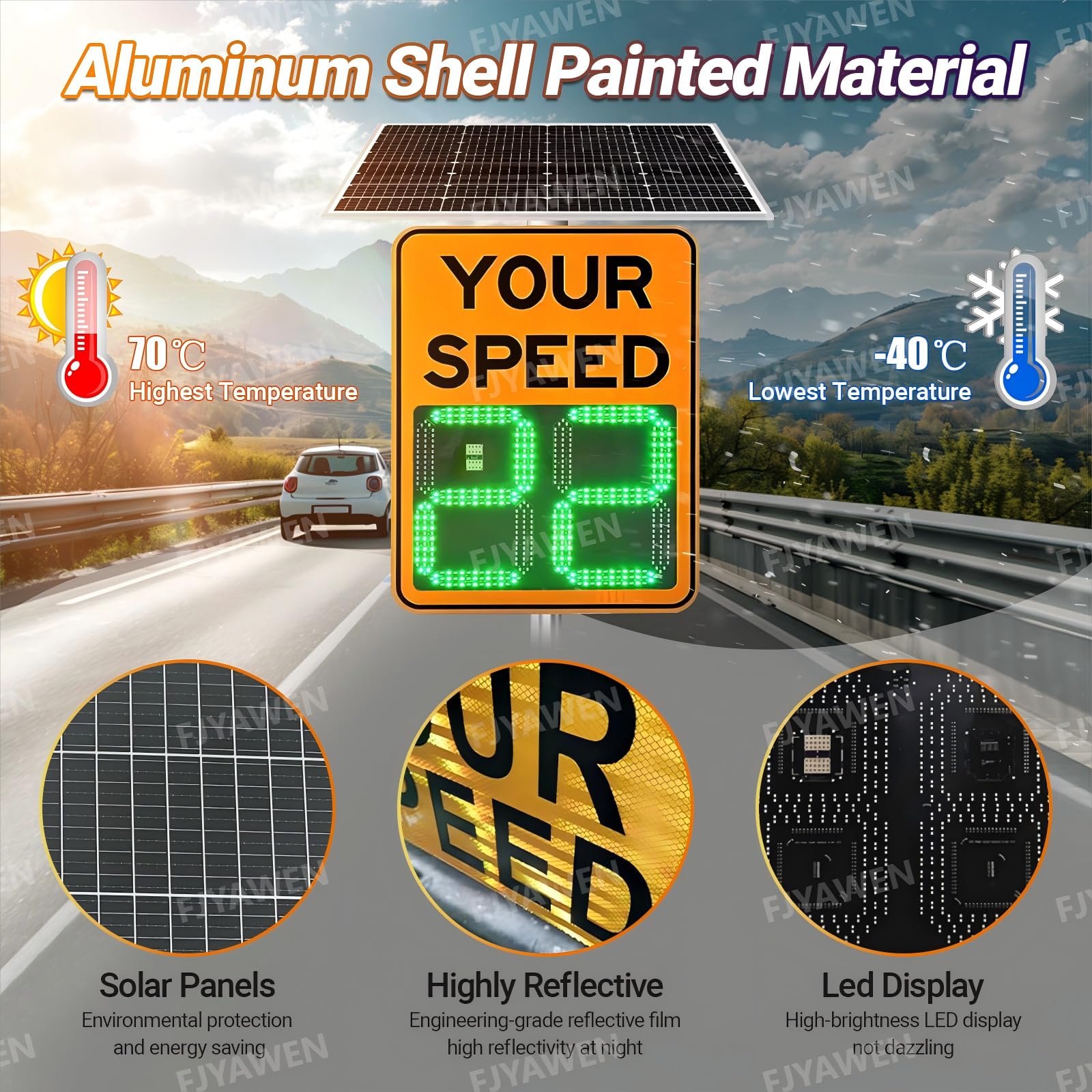 Señal solar de velocidad de radar con LED reflectantes, medición de velocidad de hasta 300 m, diseño impermeable, cobertura multicarretera, 50 x 70 cm