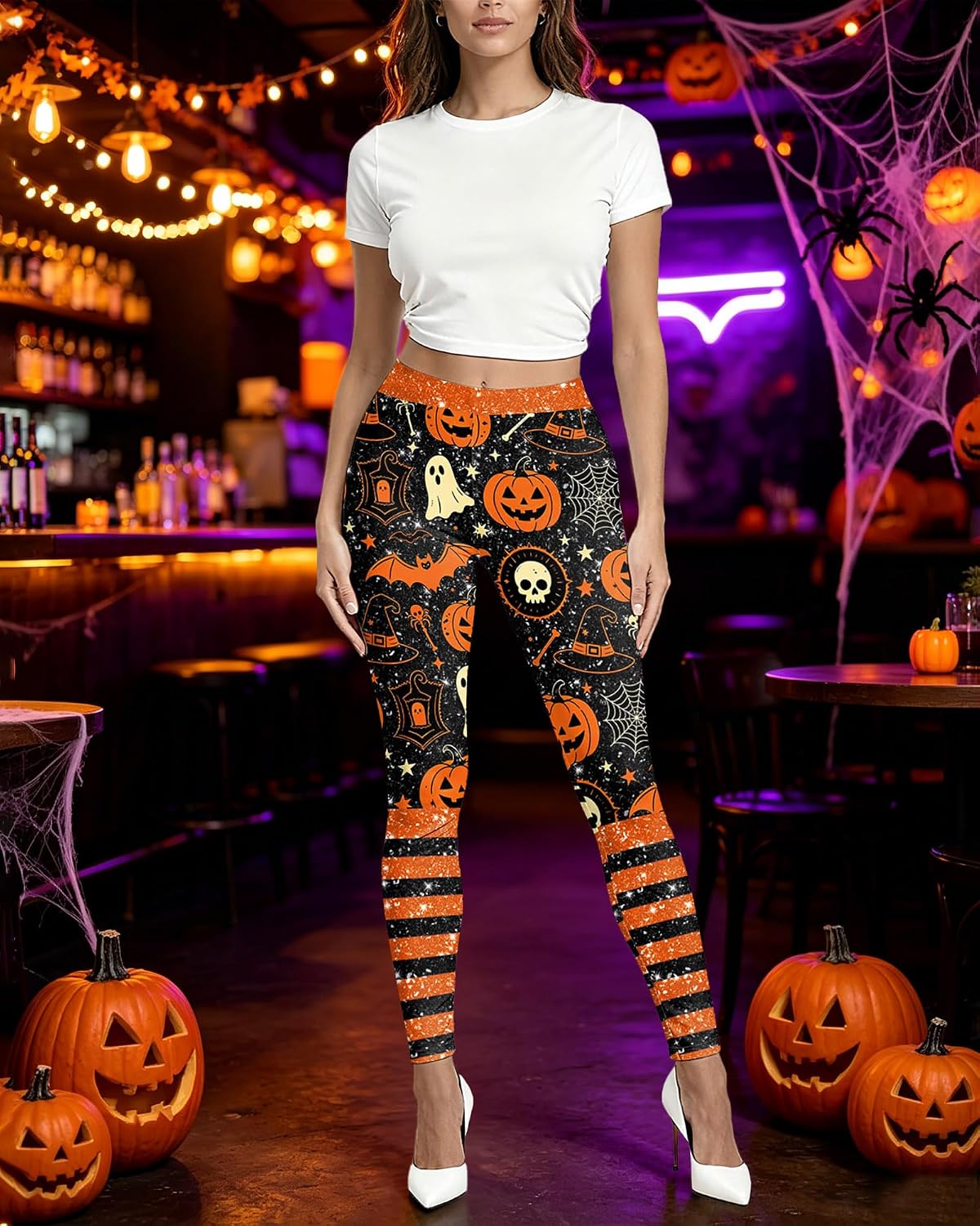 Women Halloween Leggings Pumpkin Skulls Printed Soft Stretchy Tights