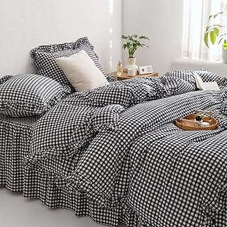MKXI Black and White Gingham Duvet Cover Queen, 3-Piece Ruffled Bedding ...