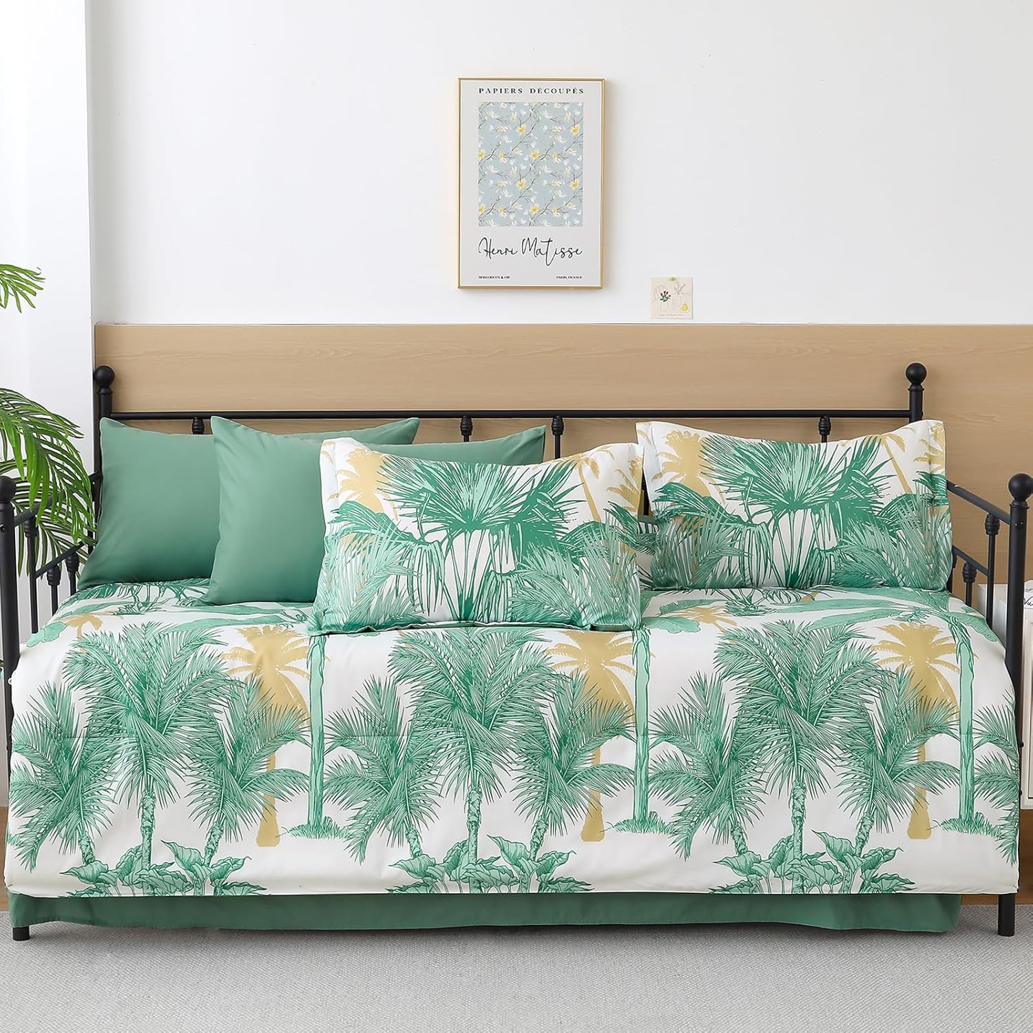 WONGS BEDDING Comforter Set Queen Size, 7 Pieces Aqua Botanical Bed in a Bag, Soft Microfiber Tropical Palm Tree Bedding Set with Queen Comforter, Flat Sheet, Fitted Sheet, Pillow Shams, Pillowcases