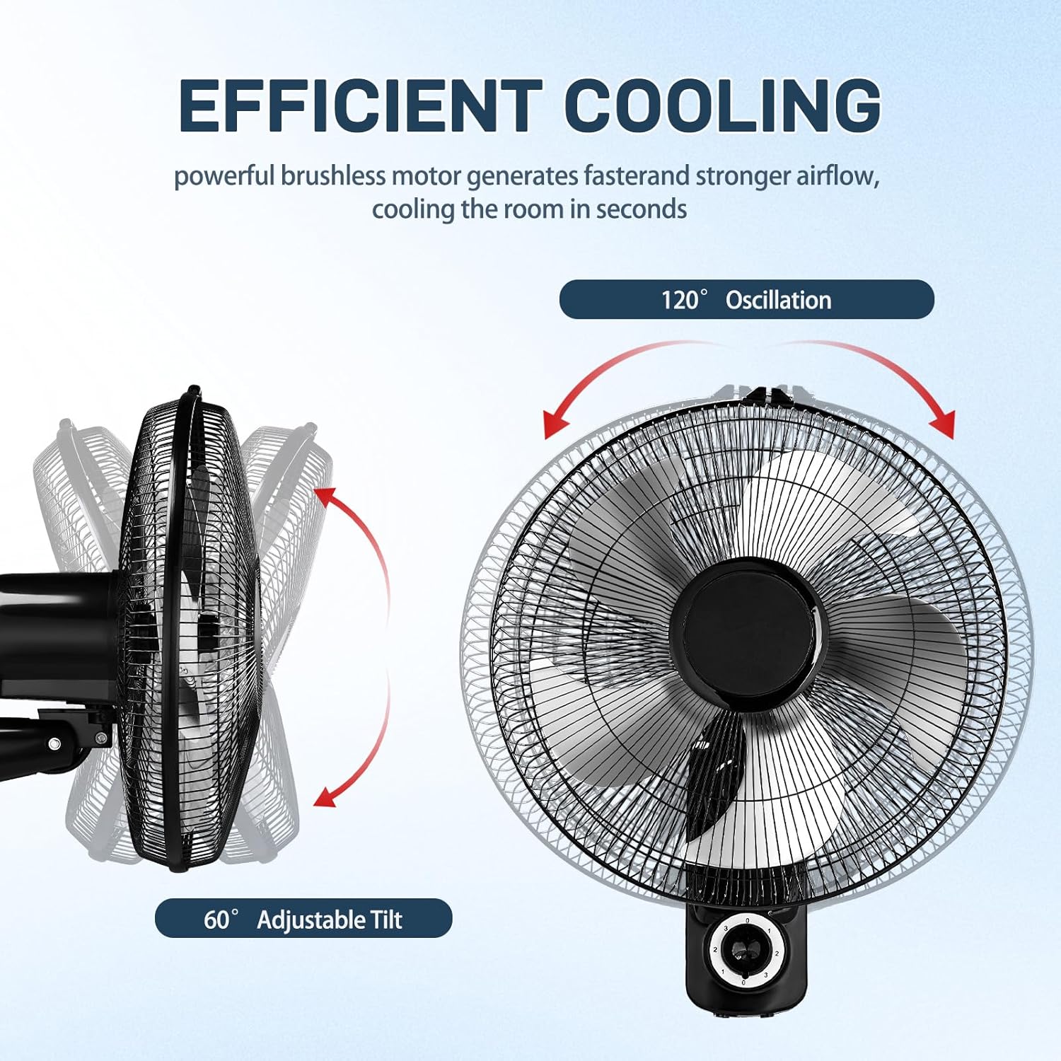 Winado 16 inch Oscillating Wall Mount Fan, Quiet 3-Speed Indoor Fan with 60° Adjustable Tilt, Pull-Chain Easy to Control, Space-Saving Cooling for Home, Office, Greenhouse