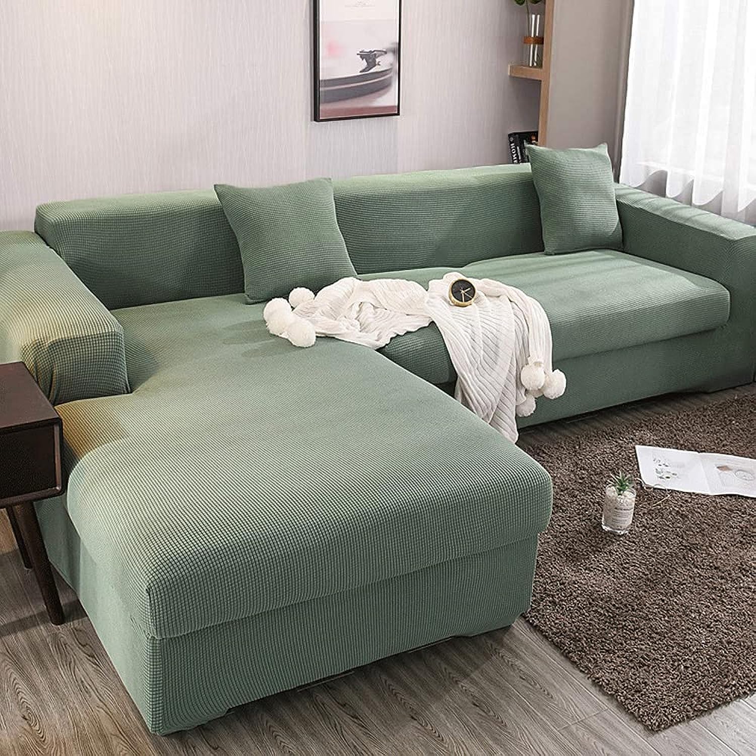 R&O Elastic Sofa Slipcover (Matcha green, L-shape 3 seater + 4 seater)