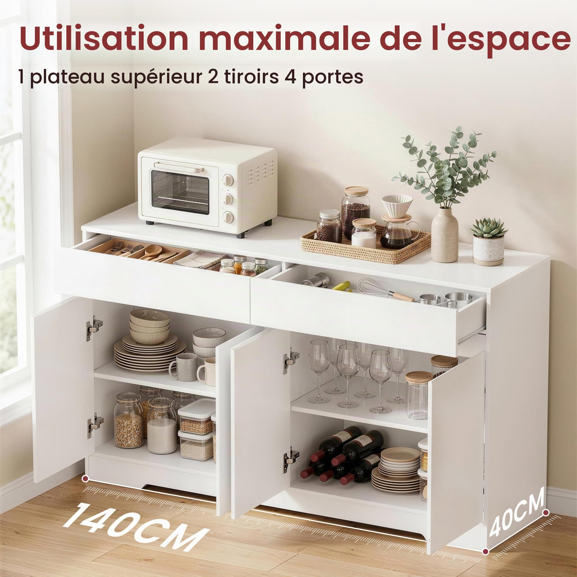 YOUDENOVA Buffet 140 Cm, Meuble De Cuisine avec 2 Tiroirs Et 4 Portes