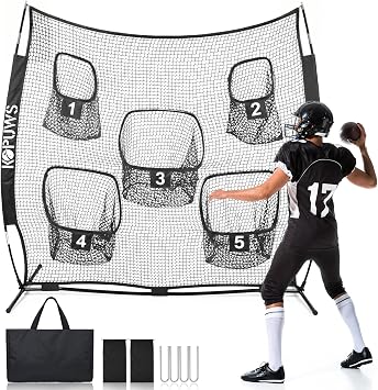 Football Throwing Net 7x7FT Football Net for Throwing Multi-Sport Practice Net with 5-Target Heavy-Duty Impact-Resistant Throwing & Kicking for Football/Soccer/Baseball/Tennis/Golf with Carry Bag