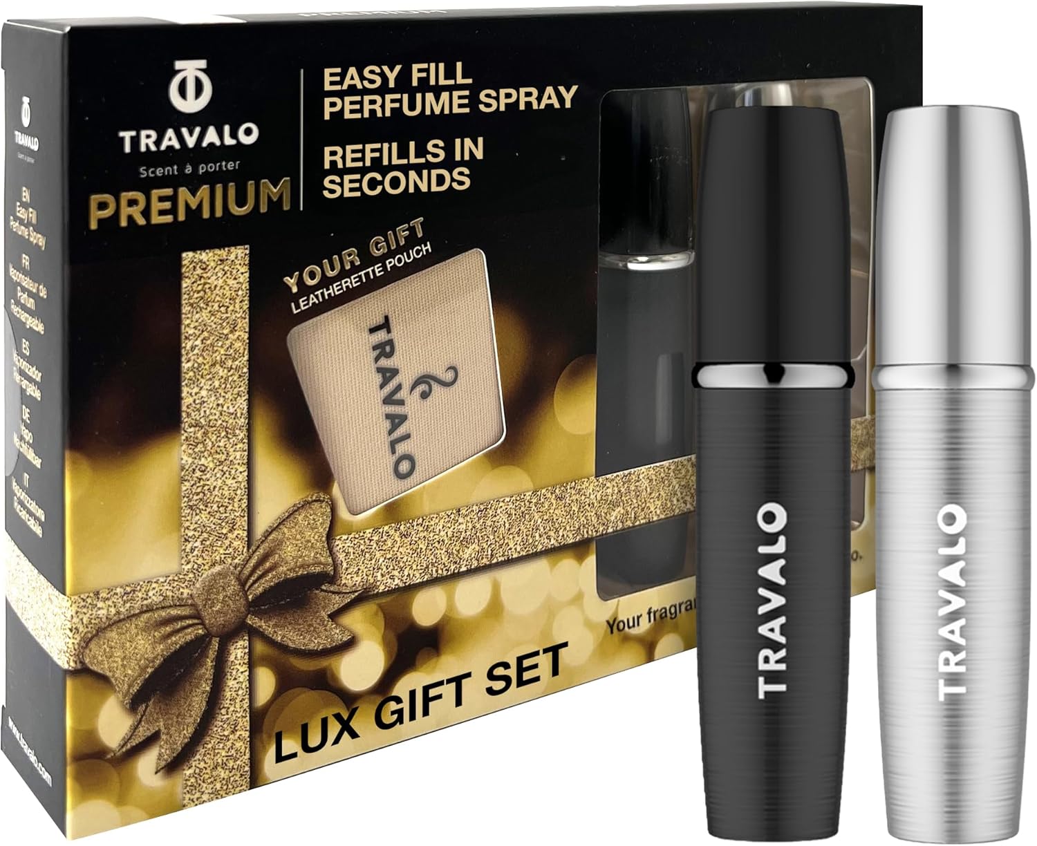 Travalo Lux Perfume Atomizer Gift Set Black & Silver - 2 Pc Leak-Proof, Airtight, Easy to Fill Mini Spray Bottles - Travel Size Perfume Refill Bottle with Polished Metal Alloy Outer Shell
