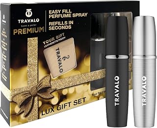 Lux Perfume Atomizer Gift Set Black & Silver - 2 Pc Leak-Proof, Airtight, Easy to Fill Mini Spray Bottles - Travel Size Perfume Refill Bottle with Polished Metal Alloy Outer Shell