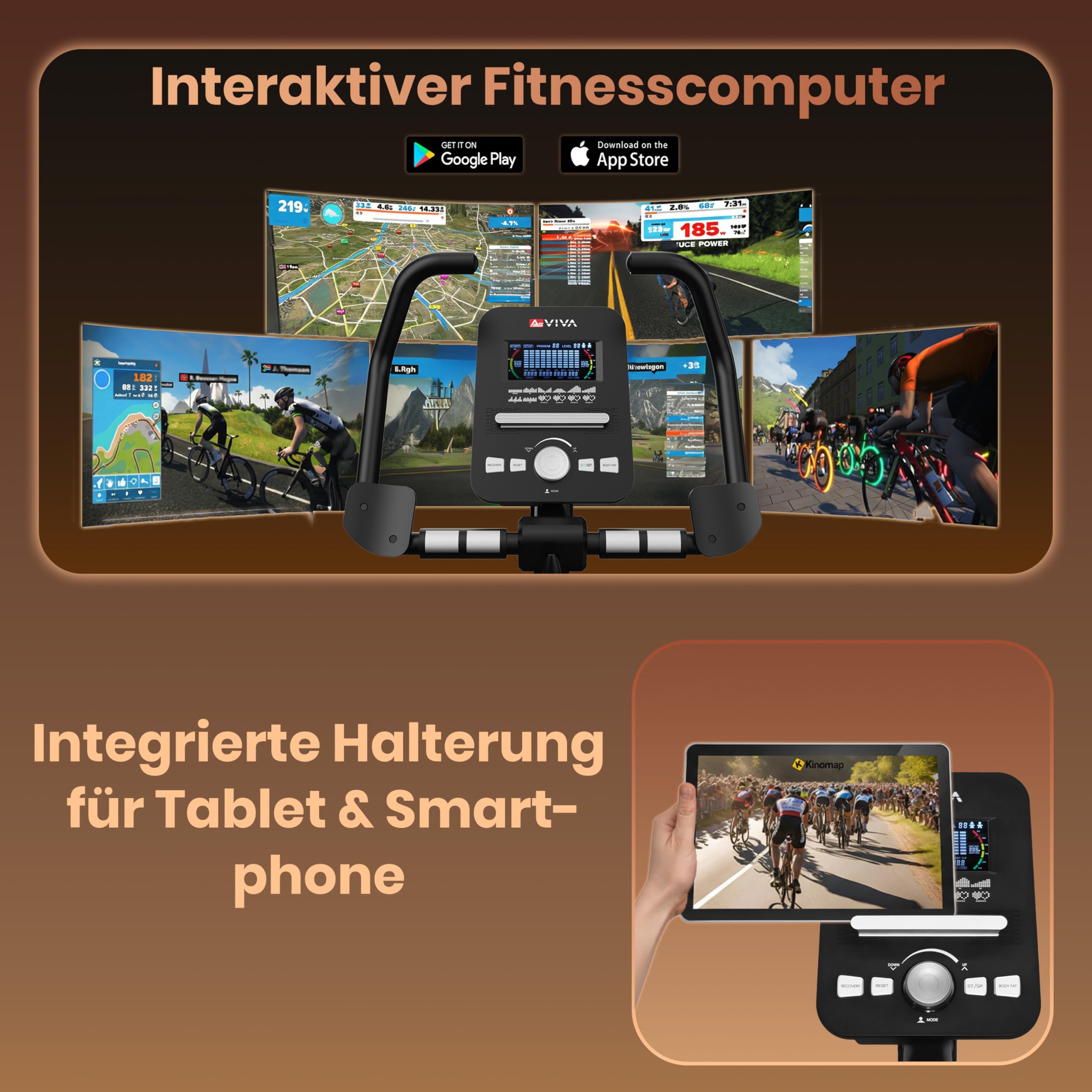 AsVIVA H22 Heimtrainer Ergometer - leiser Fahrrad Heimtrainer mit Riemenantrieb und automatischer Widerstandsanpassung - Fitness Apps kompatibel