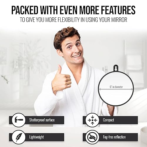 Miniatura 7 de MIRRORVANA Espejo de ducha pequeño para afeitarse con spray antivaho viene con ventosas gancho para colgar y cuerda ajustable de longitud superficie