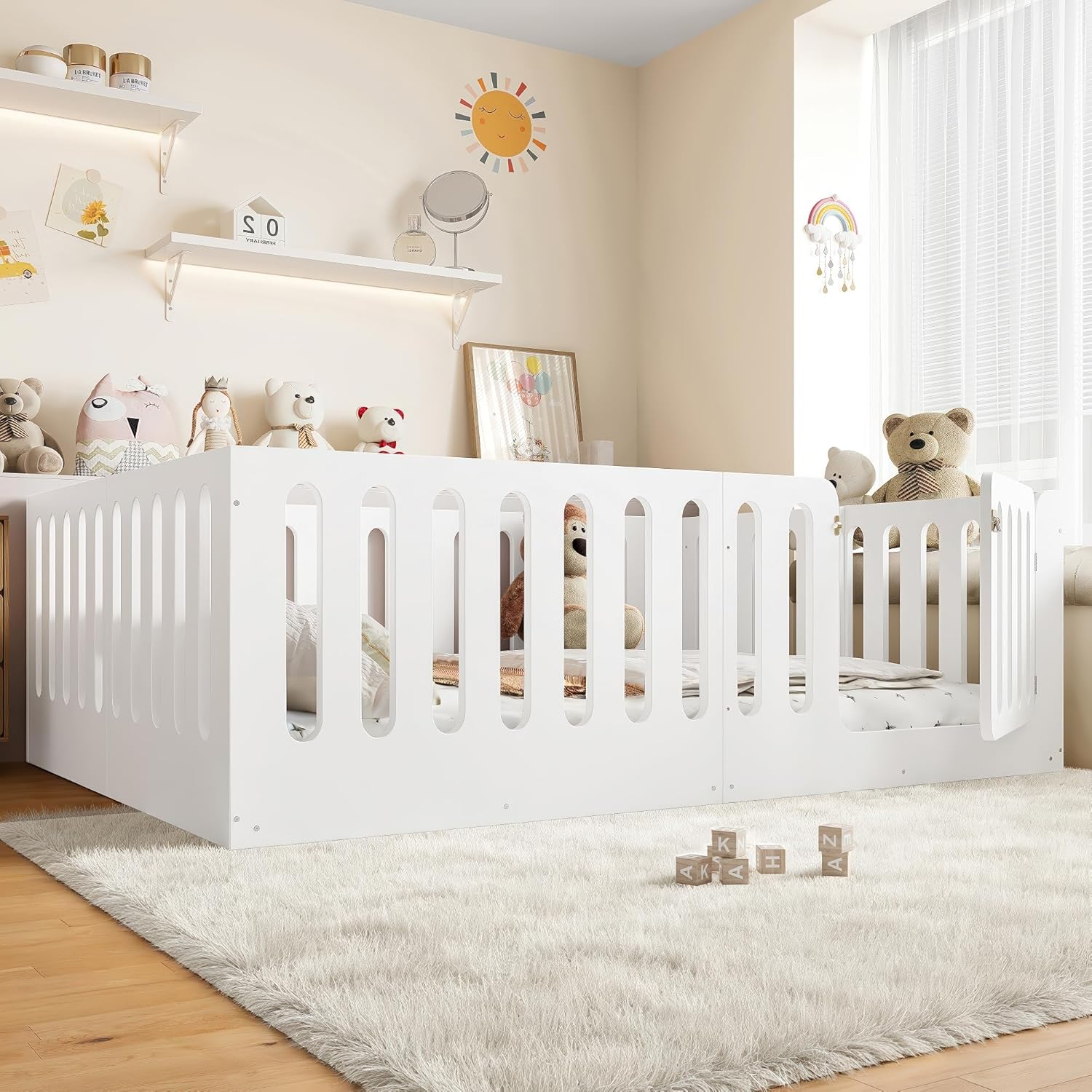 Harper & Bright Designs Solid Wood Montessori Bed Queen, Kids Floor Bed with High Rails & Door, No Box Spring Needed, Light White