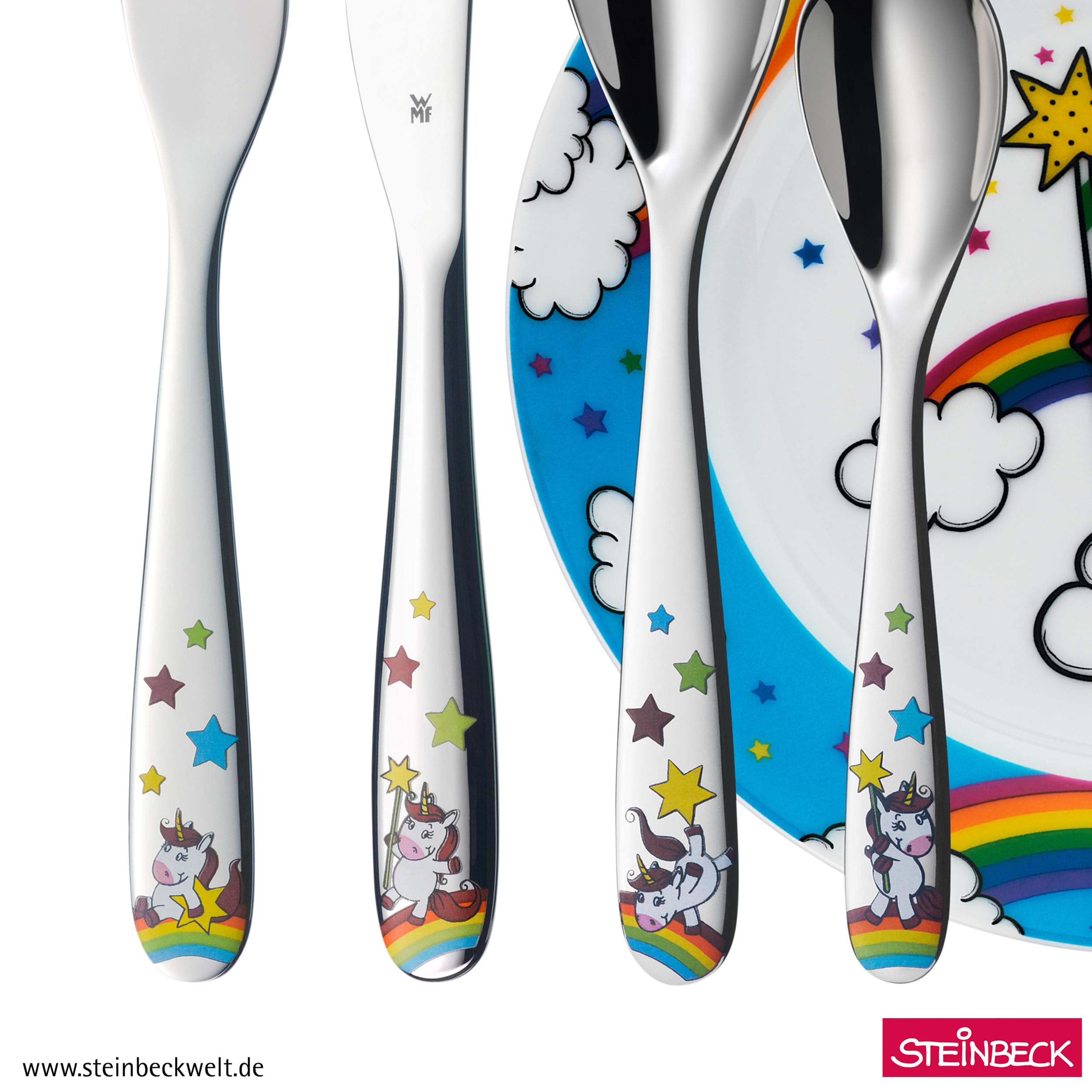 WMF Einhorn Kindergeschirr Set 6-teilig mit Gravur – personalisiertes Kinder Geschirr mit Namen – Geschenk zur Taufe, Geburt oder Geburtstag