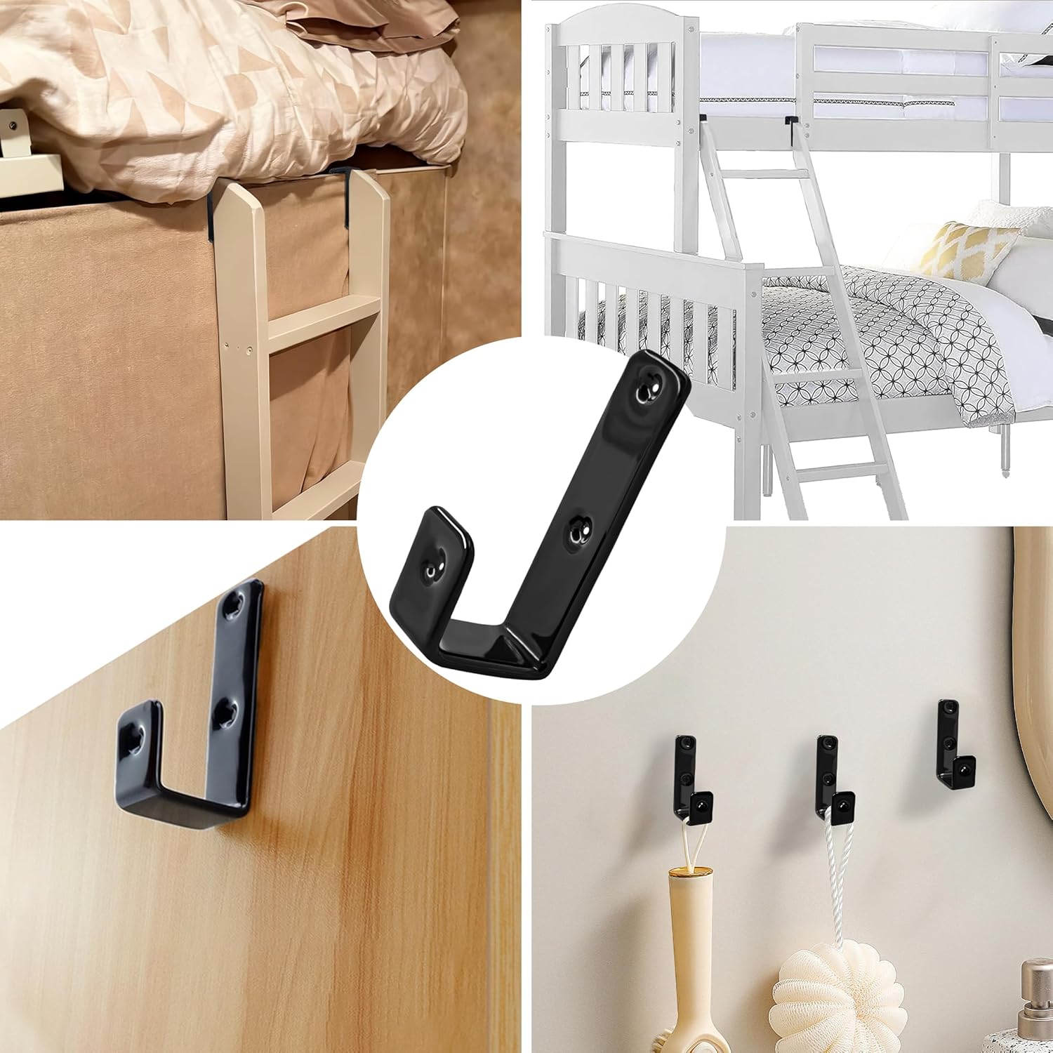 4 Pack Bunk Bed Ladder Hook Bracket Inside Width 1" Black J Hooks PVC Coated Heavy Duty Hook Bracket Utility Hooks Hanger Bed Replacement Hardware Screws Included