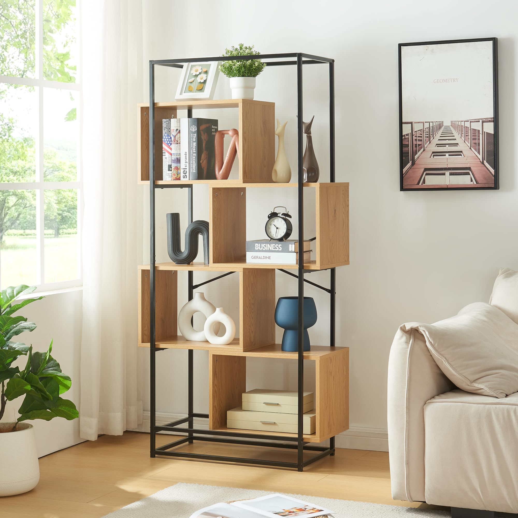 [en.casa] Librería de Salón Rennebu Estantería con 4 Compartimentos Abiertos para Despacho Oficina Sala de Estar Acero Aglomerado 160 x 80 x 33cm - Negro/Roble