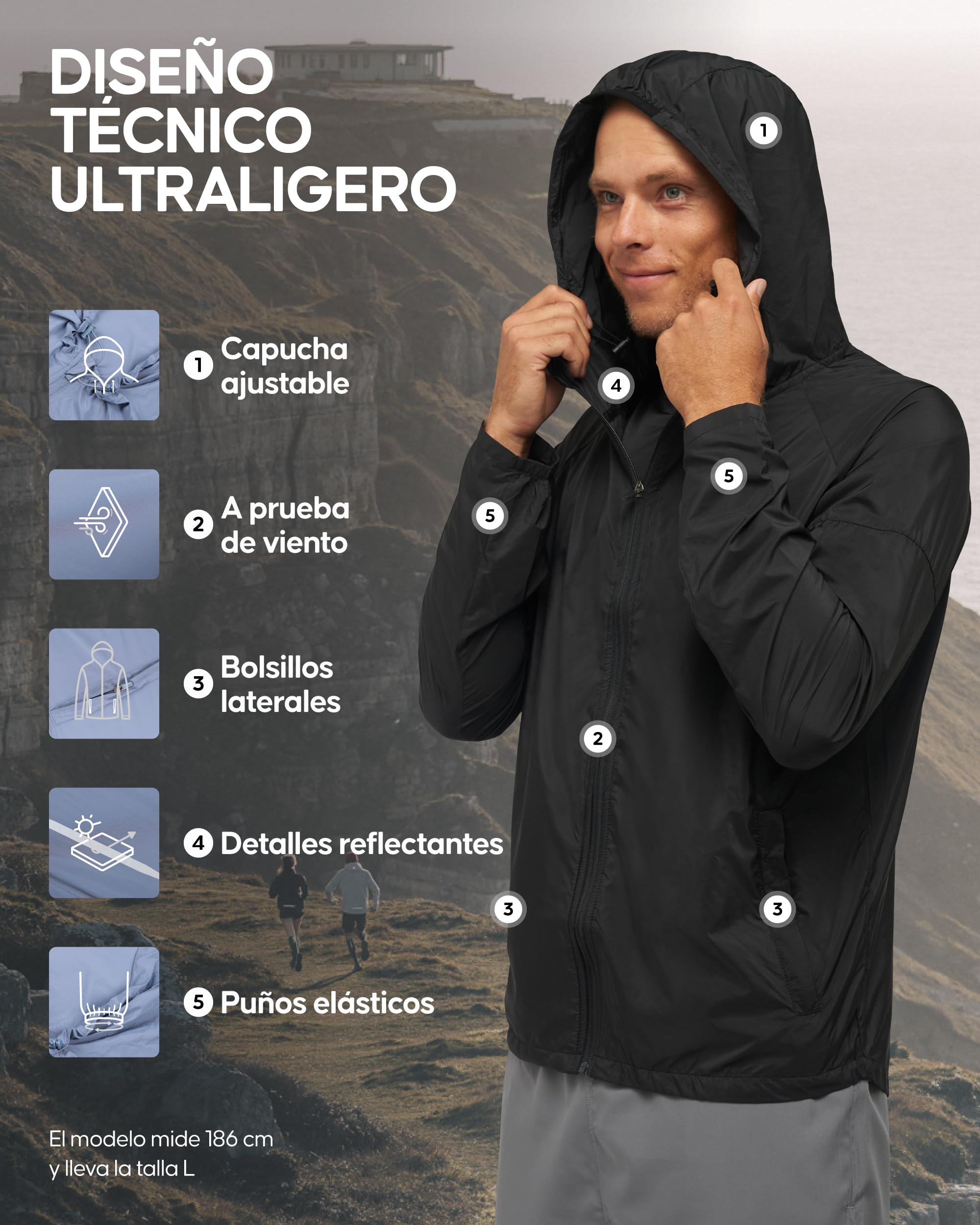 DANISH ENDURANCE Cortavientos Hombre Chaqueta Deportiva con Capucha Ajustable Puños Elásticos