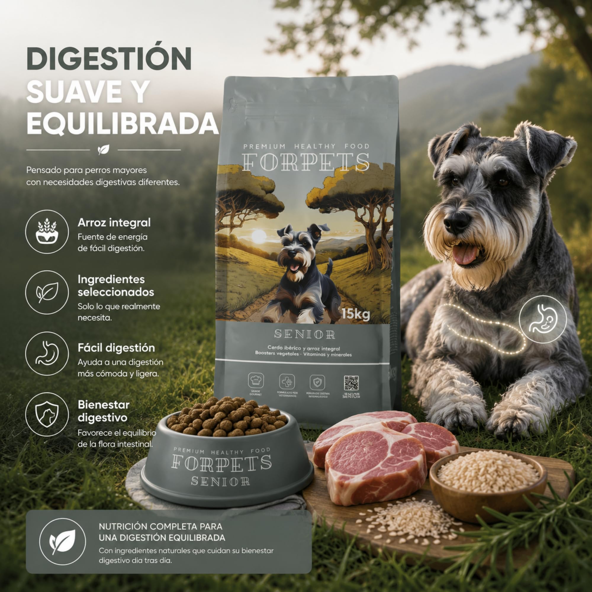 Pienso Senior para Perros Mayores 15 kg | Articulaciones con Glucosamina y Condroitina | Digestión Sensible, Piel Sensible | Razas Medianas y Grandes | Cerdo Ibérico y Sin Gluten | FORPETS