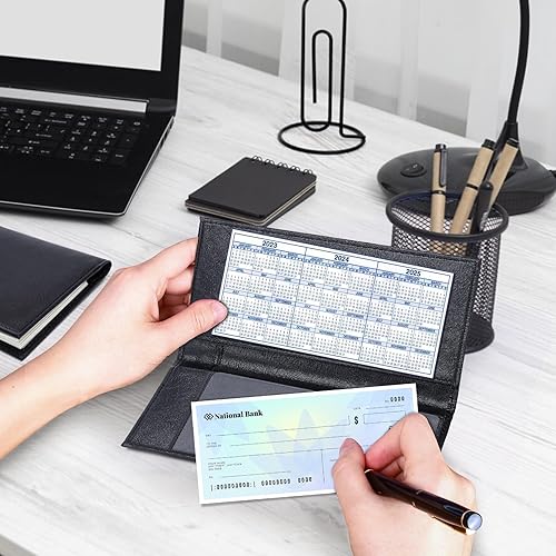 Miniatura 7 de LLi Cufite Funda de cuero para chequera superior y lateral, cheques duplicados con inserto de plástico, soporte para bolígrafo, billetera delgada,