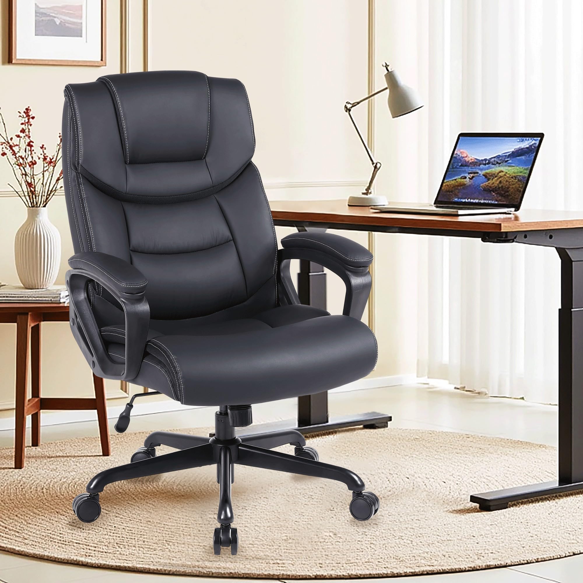 Bürostuhl Ergonomisch, Chefsessel Pu Leder, Schreibtischstuhl, Drehstuhl mit Wippfunktion, Höhenverstellbar, für Büro, Gaming, Schwarz