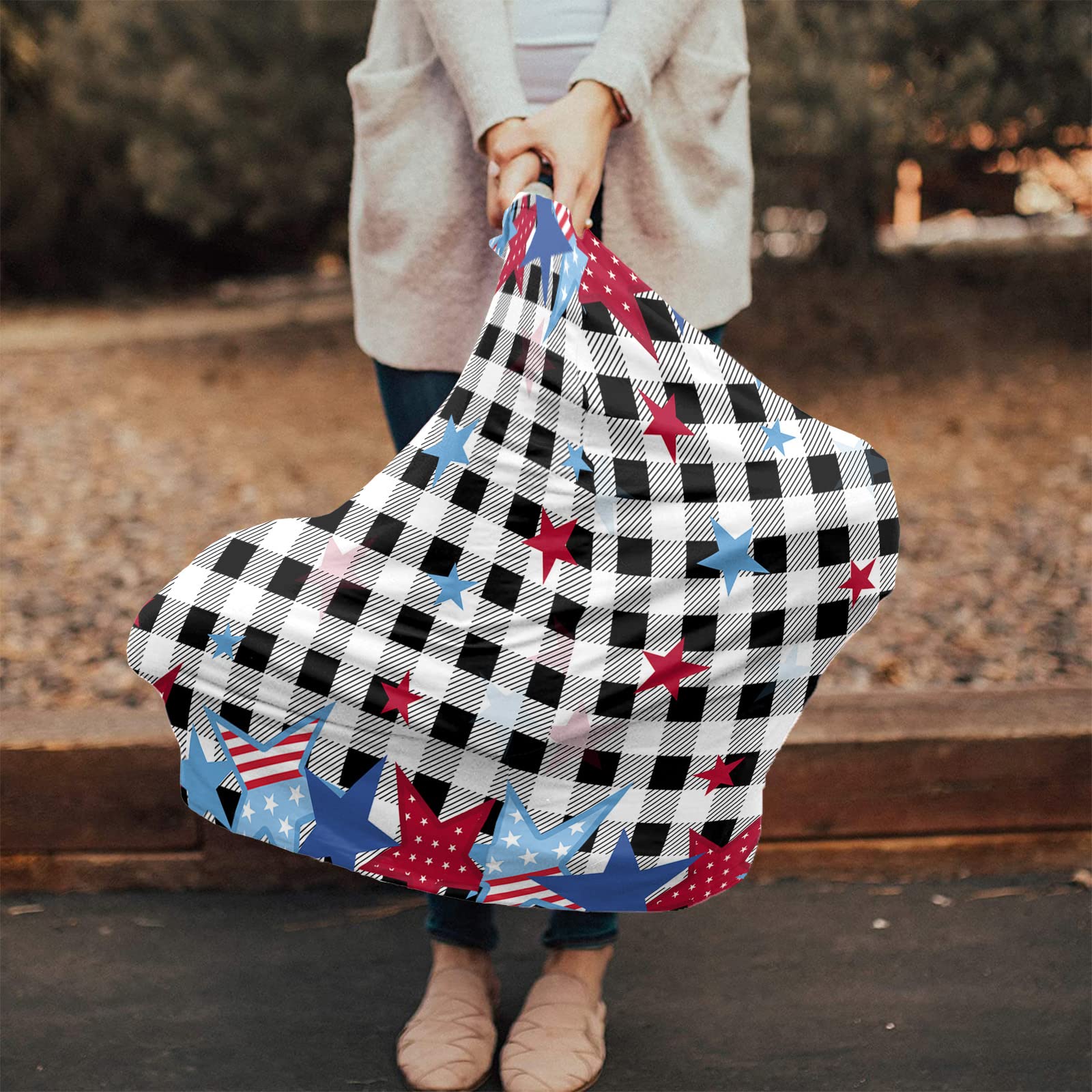 Nursing Cover for Breastfeeding Scarf, Red and Blue Pentagram Black and White Plaid July 4th Baby Car Covers Super Soft Multi Use for Canopy Shopping Cart Cover Blanket Stroller Cover
