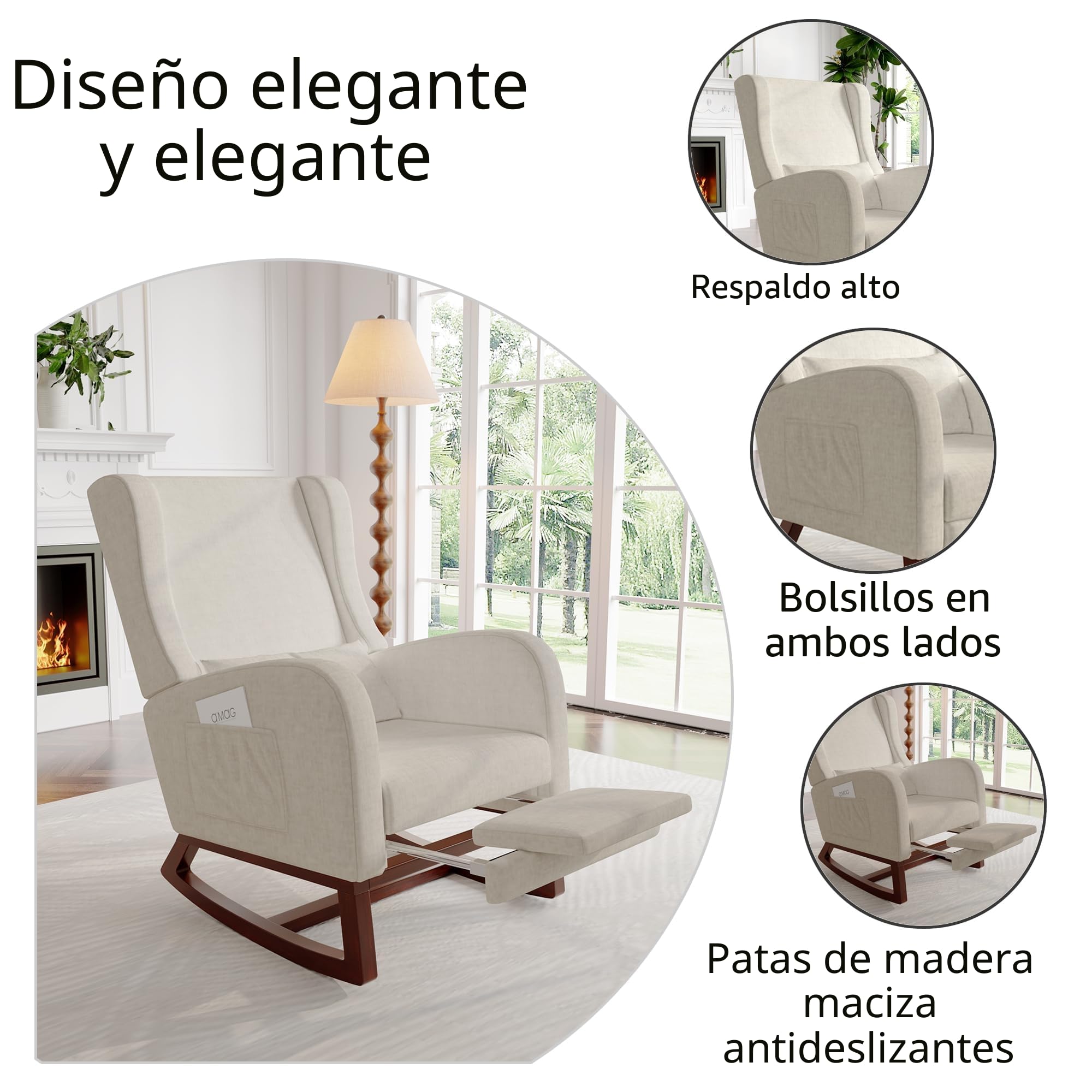Mecedora con reposapiés, mecedora de enfermería con patas de madera maciza, 2 bolsillos laterales y 1 cojín lumbar, mecedora acolchada (beige)