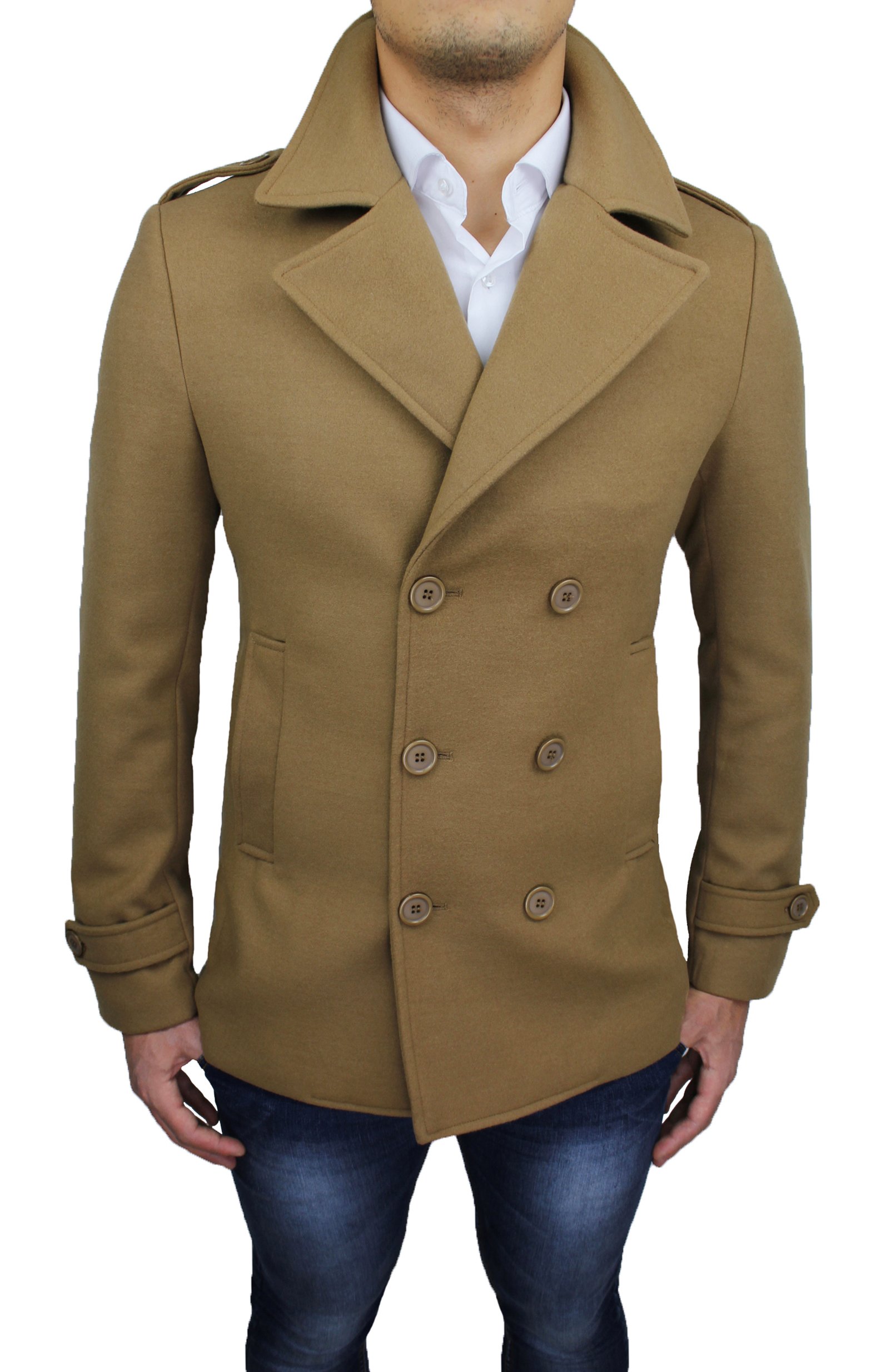 Cappotto Uomo Cammello Casual Elegante Doppiopetto Beige Slim Fit Invernale