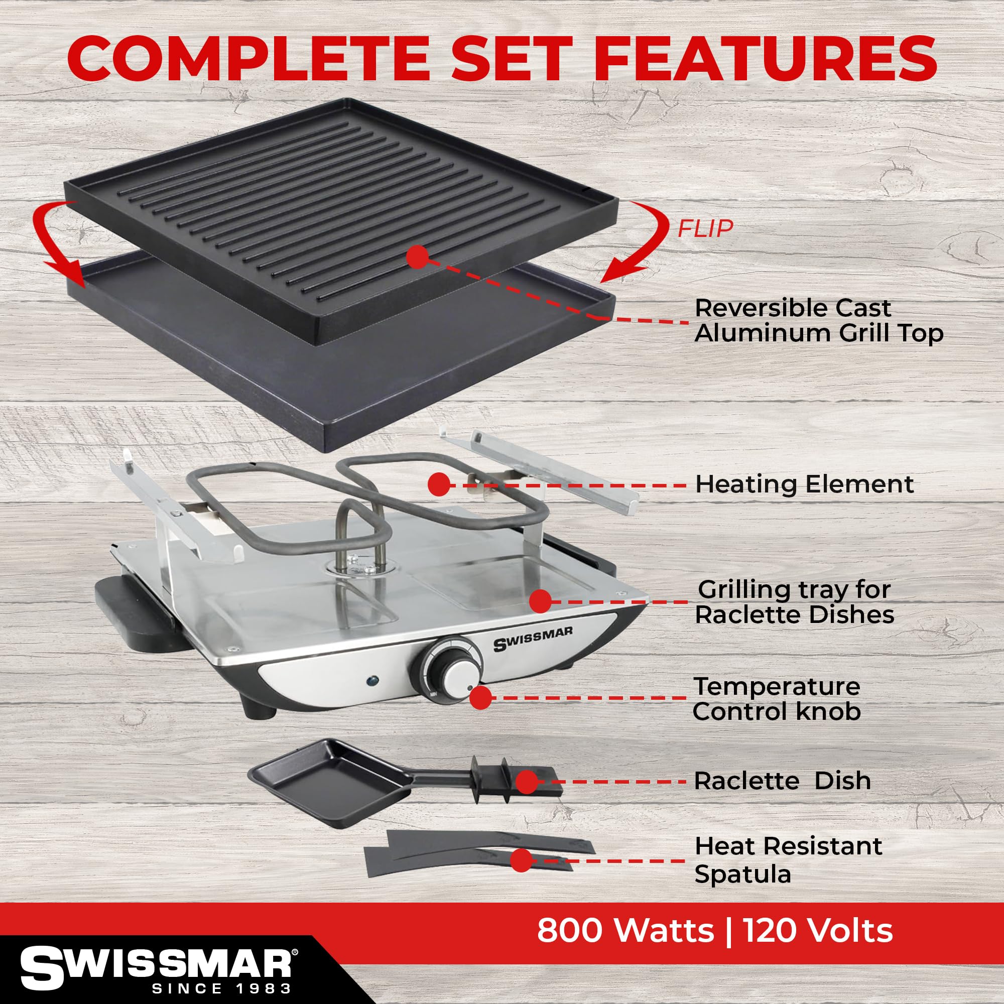 Geneva Raclette Grill con parrilla reversible de aluminio fundido, perfecta para exterior e interior, parrilla eléctrica Raclette y parrilla - Unión de barbacoa - 4 personas 3
