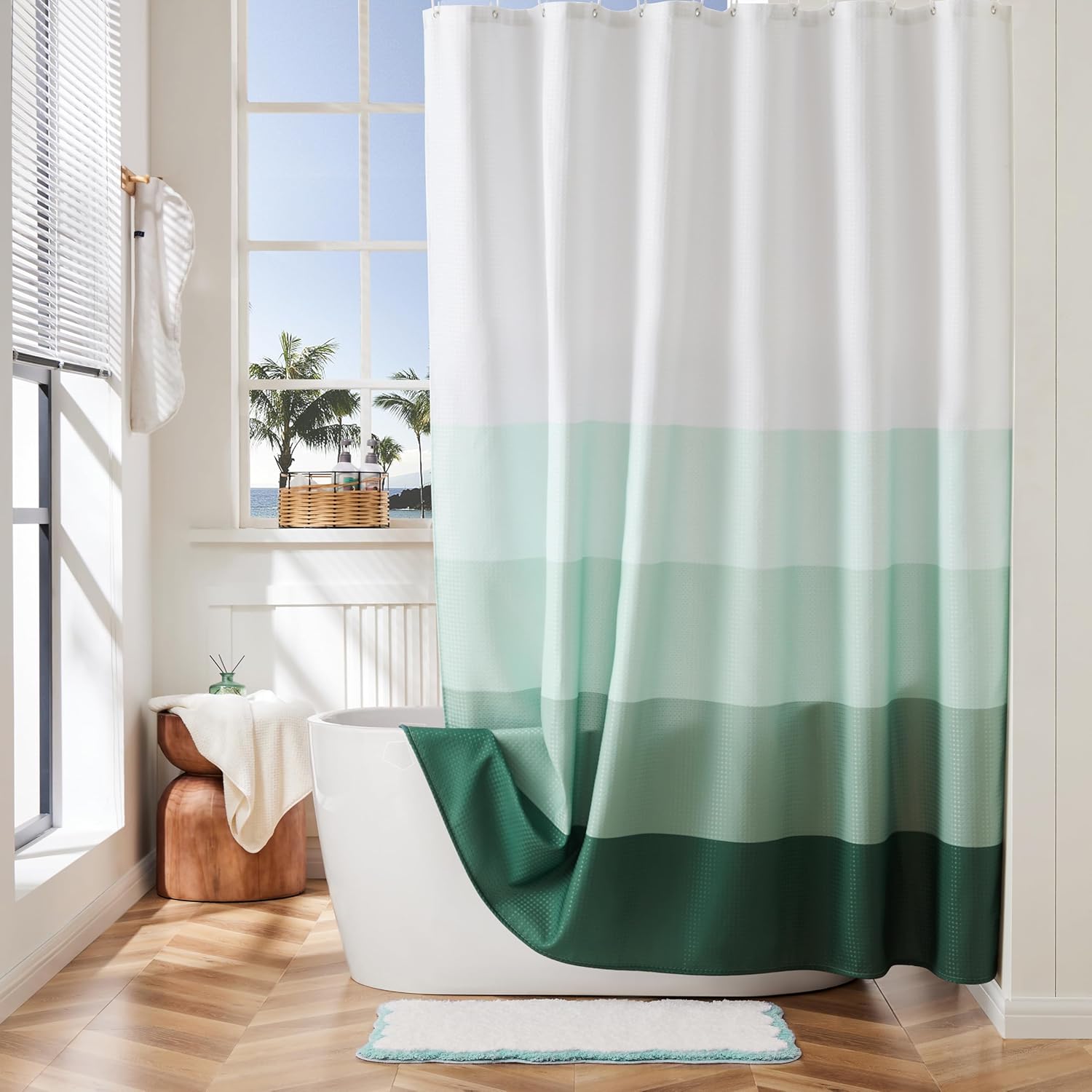 Ohocut Ombre Striped Shower Curtain, Modern Farmhouse Shower Curtains for Bathroom, Waterproof Waffle Weave Fabric Shower Curtain, Luxury Minimalist Stripe Bath Curtain 72x72 Inch (Green)