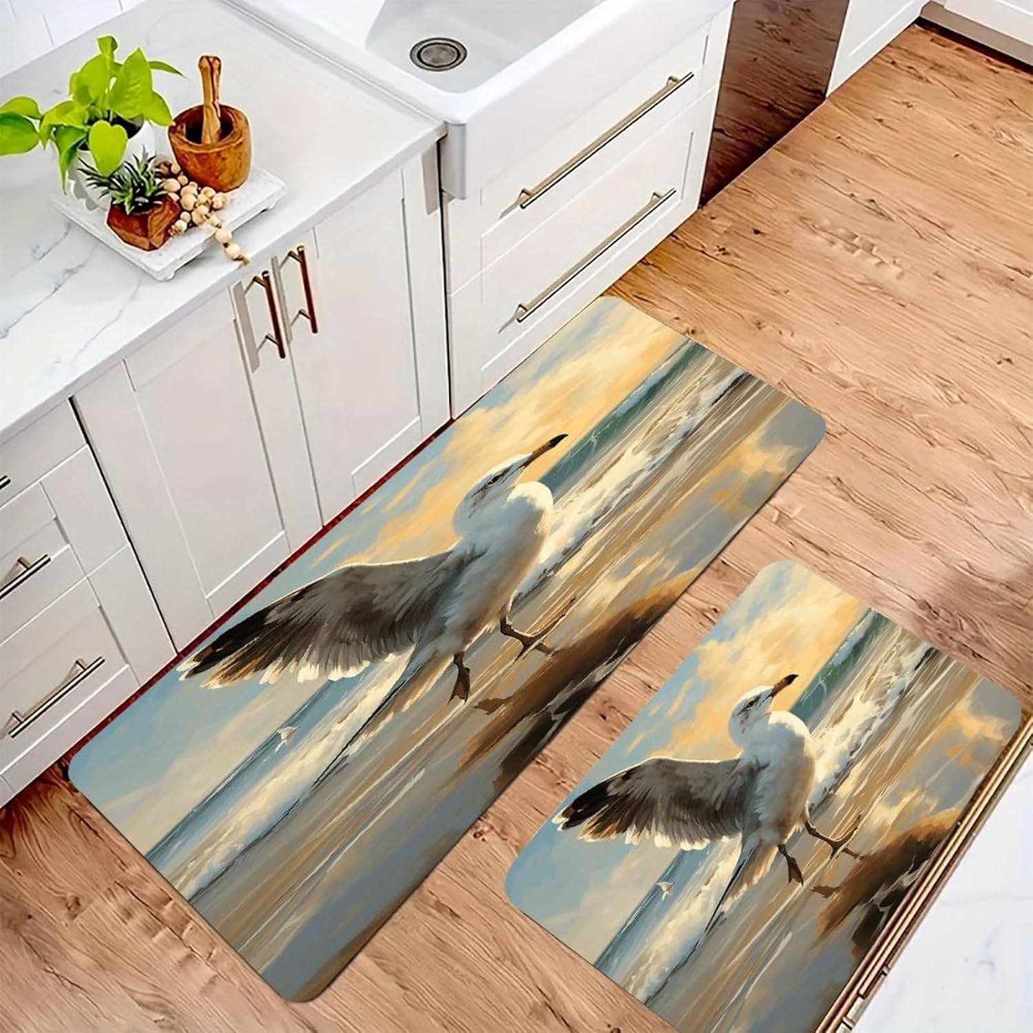 Painting of A Seagull Kitchen Mat Washable Non Slip Rugs Soft Kitchen Mats for Floor Set of 2 PCS Cushioned Absorbent Runner Standing Rugs for Home Sink Laundry Office