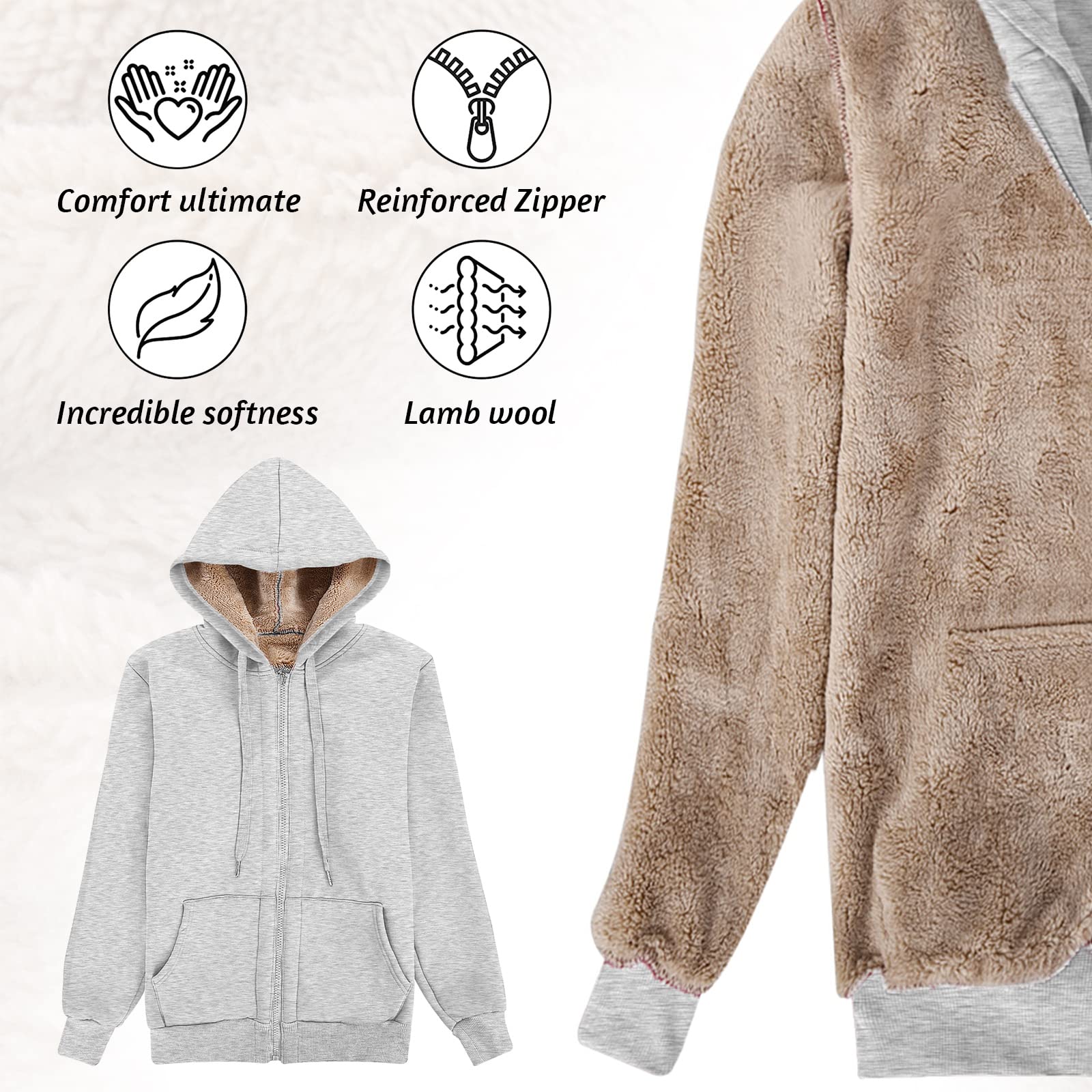 UMIPUBO Bluza damska z kapturem, bluza z kapturem, ciepła bluza, na jesień i zimę, z zamkiem błyskawicznym, z wełny jagnięcej, długi płaszcz