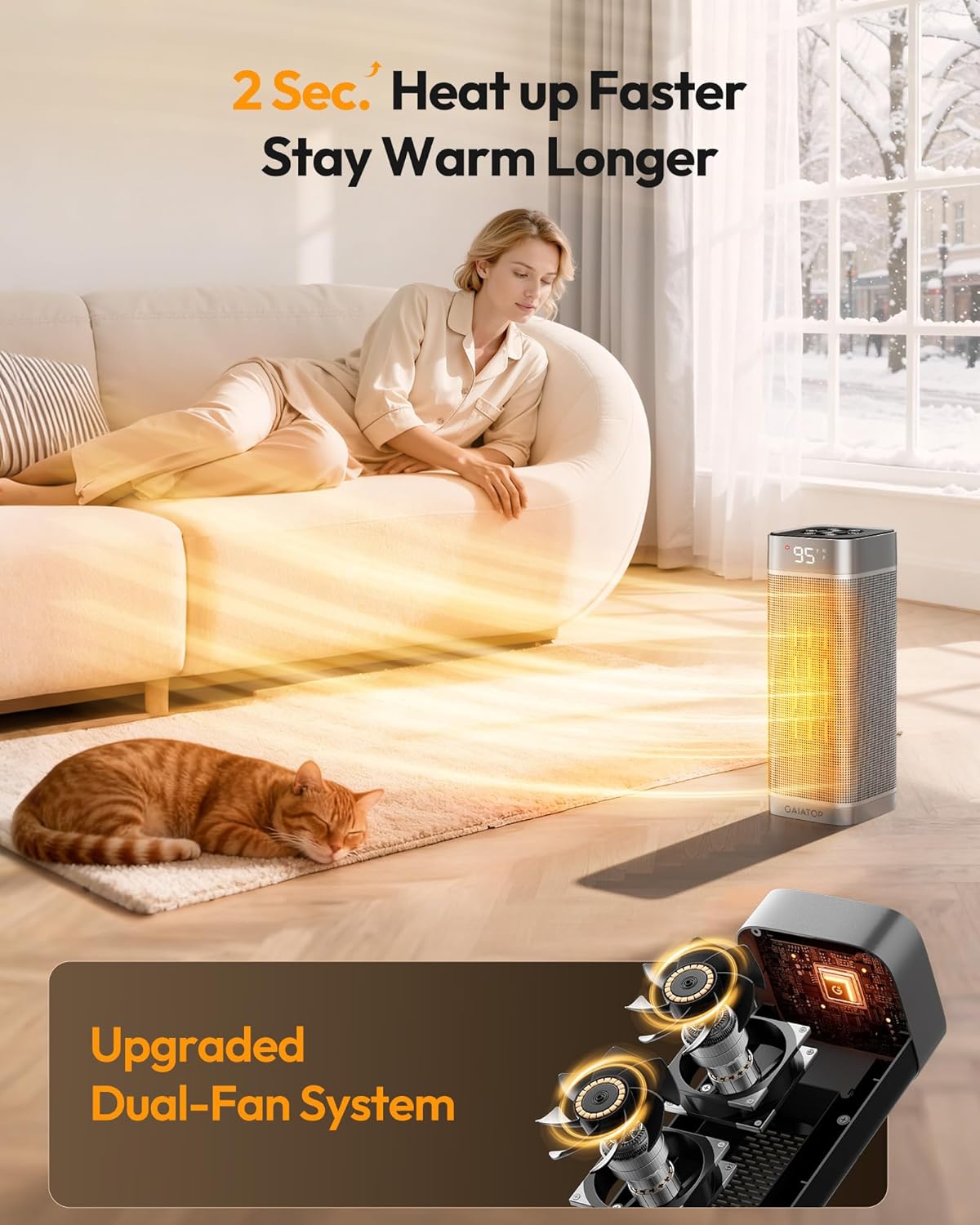 Gaiatop Space Heaters for Indoor Use, Portable Electric Heater with Thermostat, 1500W PTC Ceramic Room Heater with Remote, 5 Modes, 60° Oscillating, 12H Timer Fast Heating Bedroom Office Bathroom Home Silver