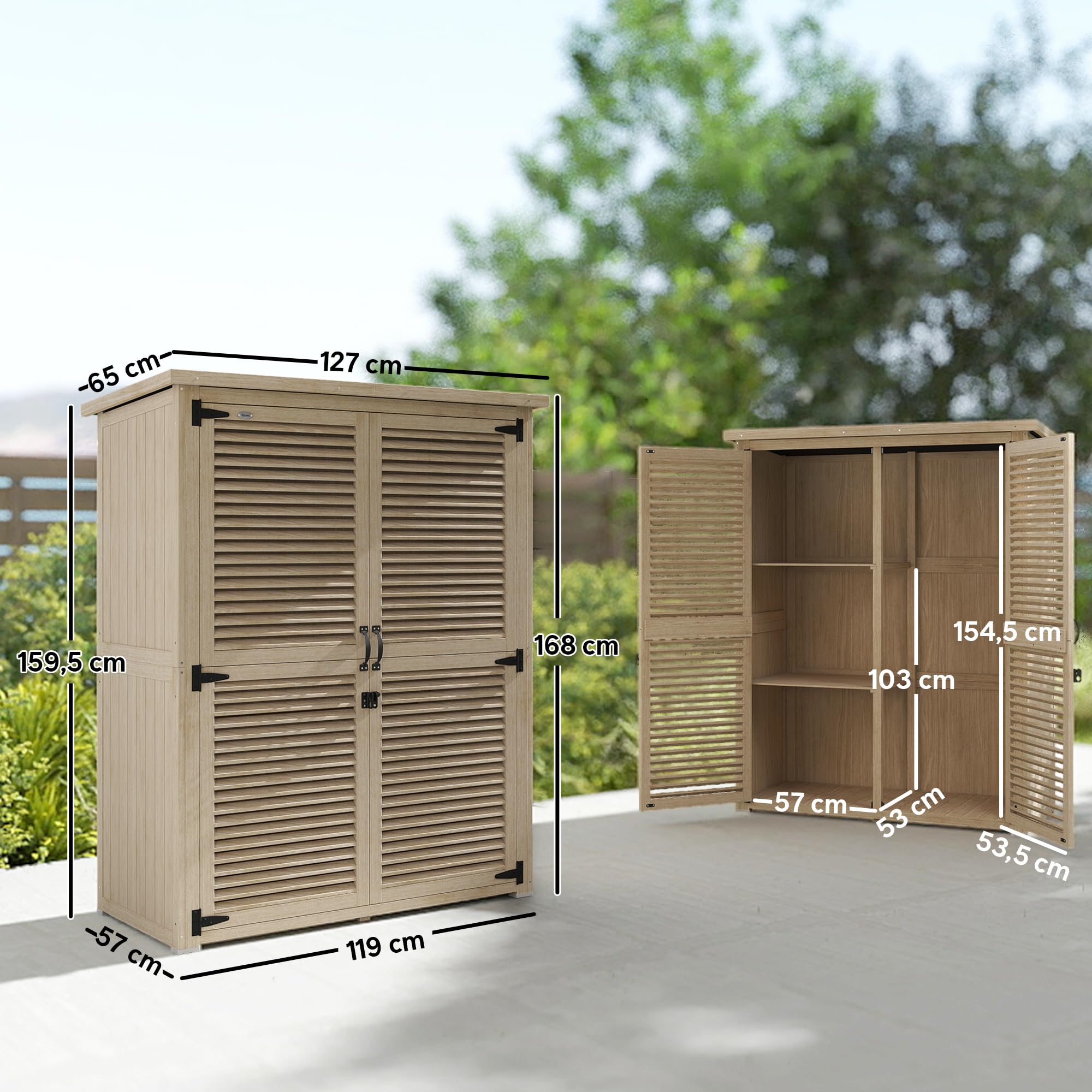 Outsunny Caseta de Jardín de Madera, 127x65x168 cm, Cobertizo Jardín Exterior, Armario para Almacenaje Herramientas, con 2 Puertas de Persiana 2 Estantes Techo Impermeable para Patio Terraza, Natural