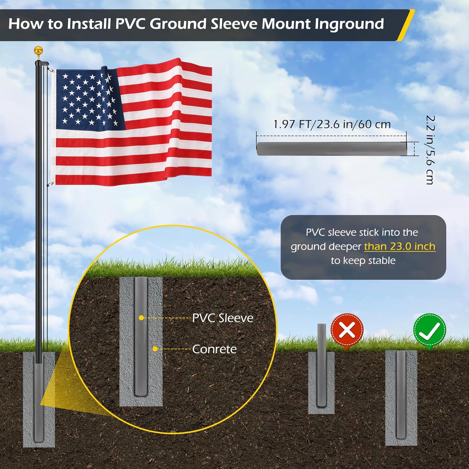 Dyna-Living Flag Pole Kit 12 Gauge 25 FT Heavy Duty Flagpole Aluminum Extra Thick Flag Pole for Outside House In Ground, Black Garden Flag Stand Residential Flag Poles with 3 * 5 FT USA Flag