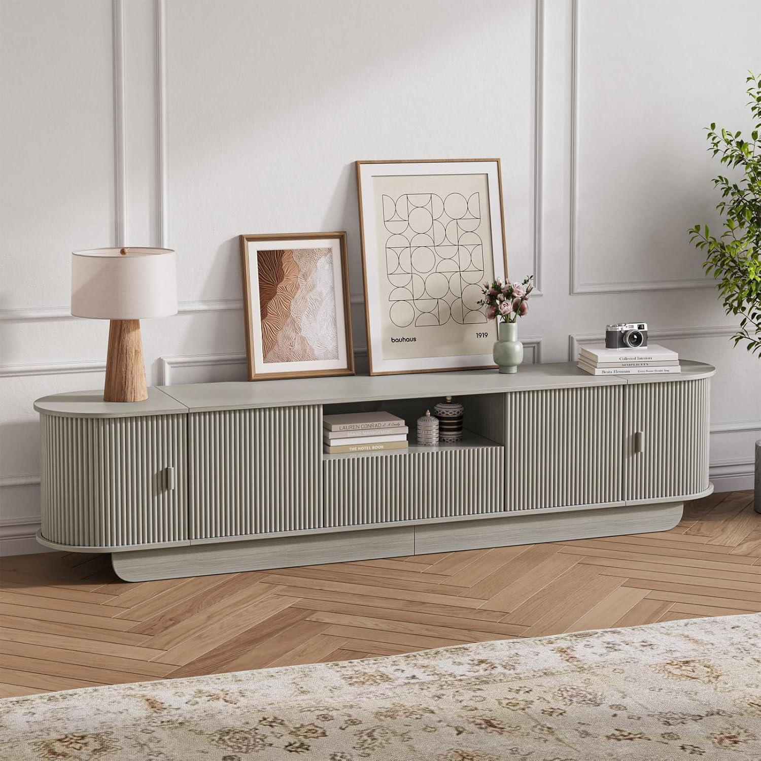 86.61'' Tambour TV Stand for 55-85 Inch, Entertainment Center with Large Storage Cabinet and Sliding Door,Curved Profile Design Media Console with Open Shelves for Living Room, Bedroom, Office, Grey