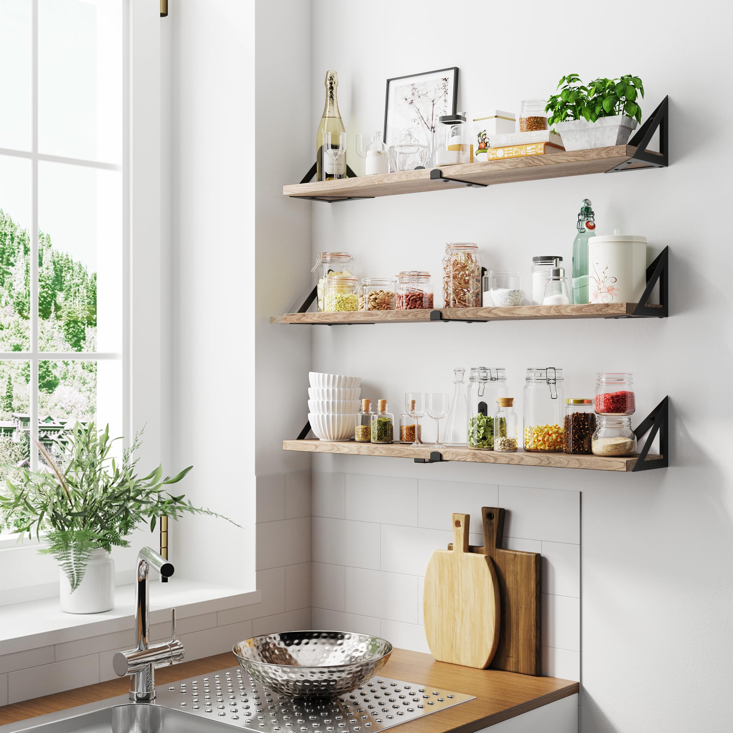 CASSA NOKO Étagères murales suspendues pour Le Mur, Lot de 3, étagère bibliothèque pour Chambre à Coucher, Salon, Bureau, Salle de Bain, Cuisine, Bois Rustique avec Support métallique (Naturel Grand)