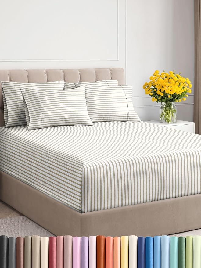 Extra Deep Queen Sheet Set - 6 Piece Breathable and Cooling Sheets - Hotel Luxury Bed Sheets Set - Easy Fit - Soft, Wrinkle Free and Comfy Sheets Set - Beige Striped Sheet Set with Extra Deep Pockets