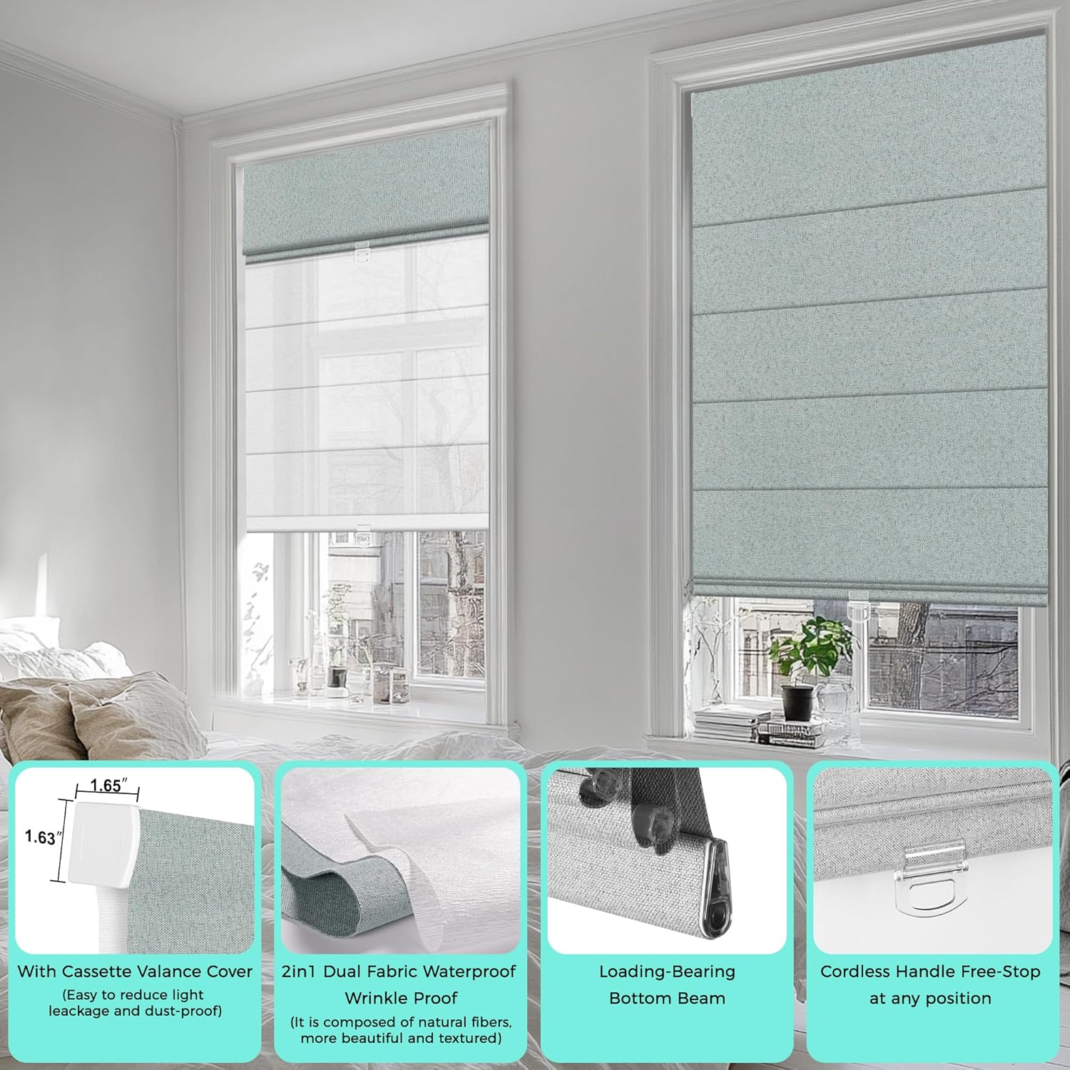 BERISSA Day Night Roman Shades Cordless Double Window Shades Blackout and Light Filtering Shades with Valance,Dual Blinds for Home Office Door,Custom Fabric and Size E