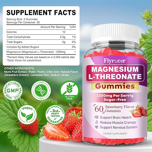Miniatura 2 de Gomitas de magnesio L-treonato de magnesio de 1200 mg, suplementos de gomitas de treonato de magnesio para niños y adultos, apoyan la función
