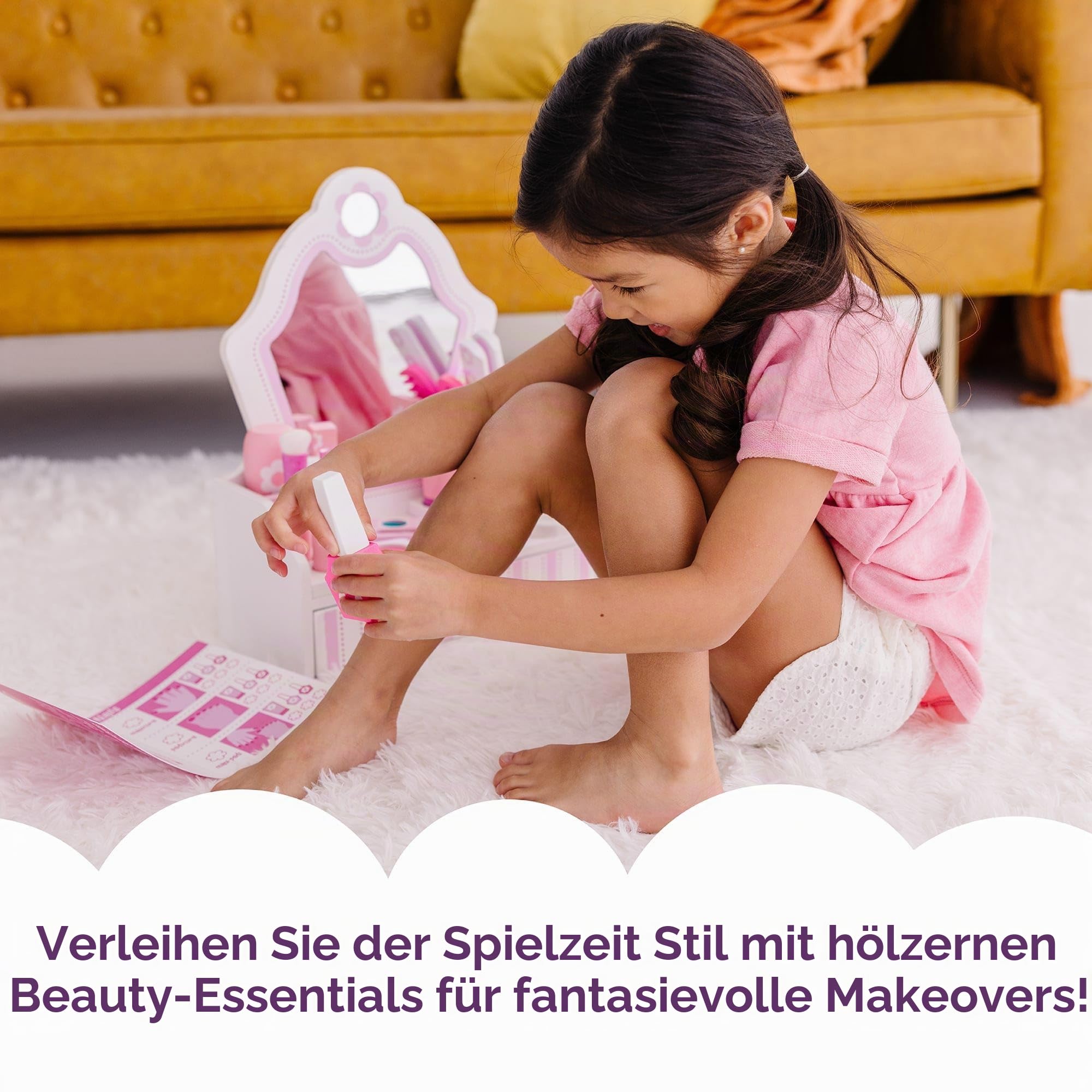 Melissa & Doug - Schönheitssalon Spielset aus Holz - 18-teiliges Set mit Schminktisch und Zubehör für fantasievolles Rollenspiel, kein echtes Make-up, für Kinder ab 3 Jahren