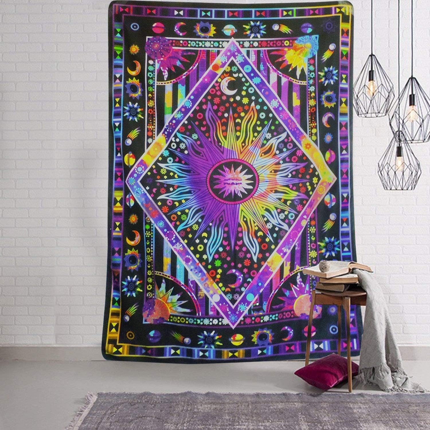 Tie Dye Purple Burning Sun Tapestry Psychedelic Celestial Sun Moon Planet Bohemian Tapestry Wall Hanging Mandala Boho Hippie Tapestry