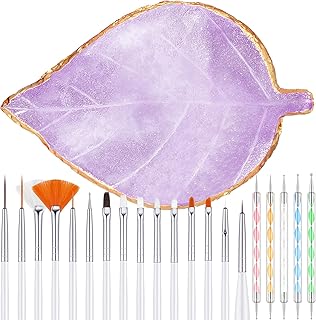 21 Pieces Nail Art Tools Kit, Resin Nail Art Palette Leaf Shape Mixing Palette and 20 Pcs Detail Brushes with Golden Edge Resin Holder Gel Polish Colors Mixing Pallet(Purple)